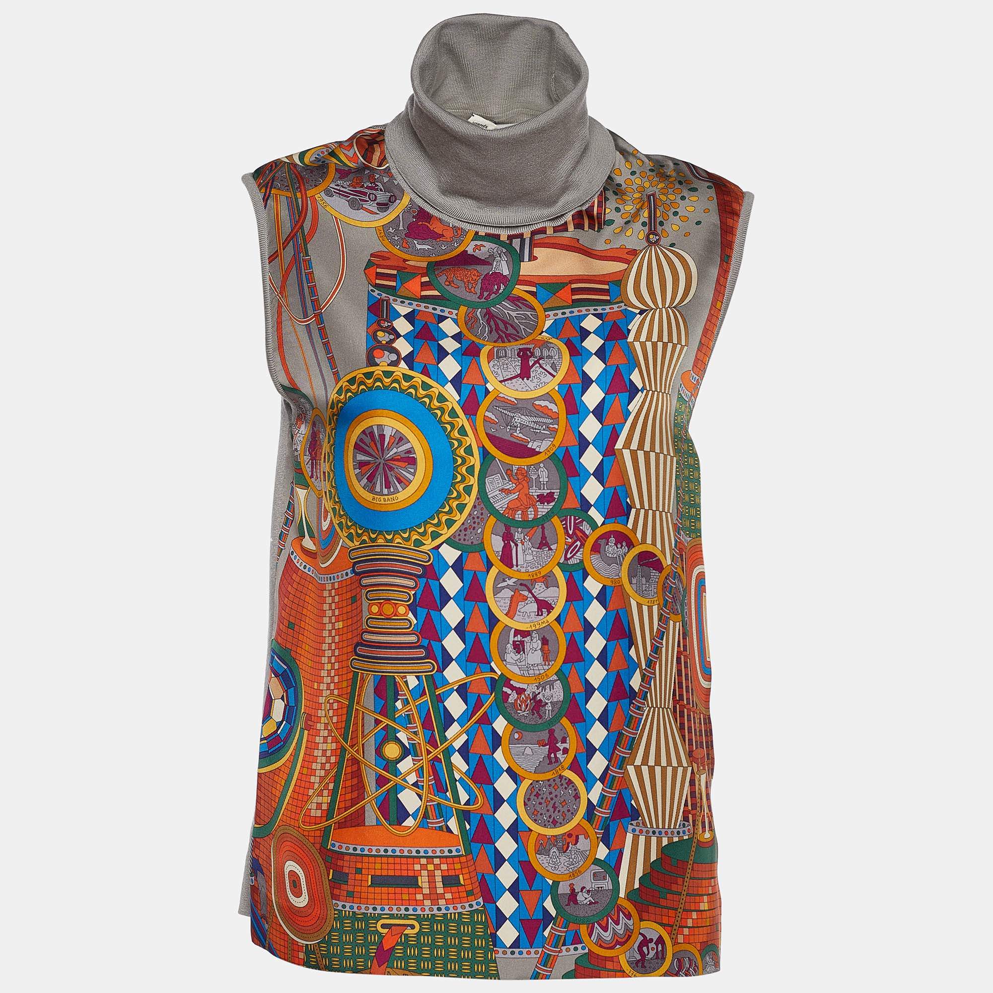 Hermès Grey La Laboratoire du Temps Silk Sleeveless Turtleneck Top M