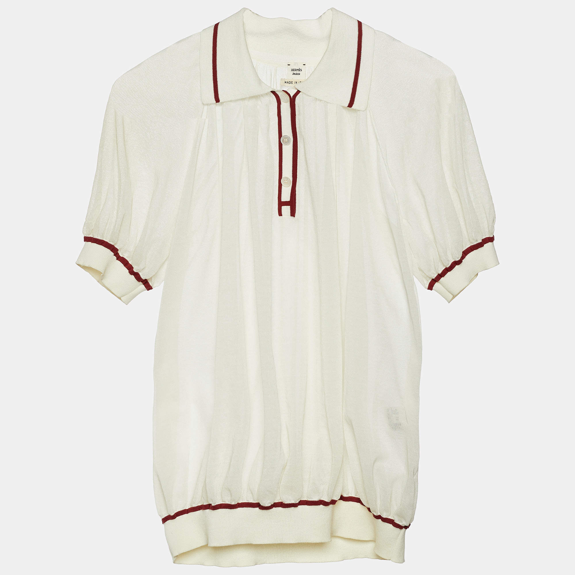 Pre Owned Hermes Ivory Cotton Knit Sheer Polo Top S