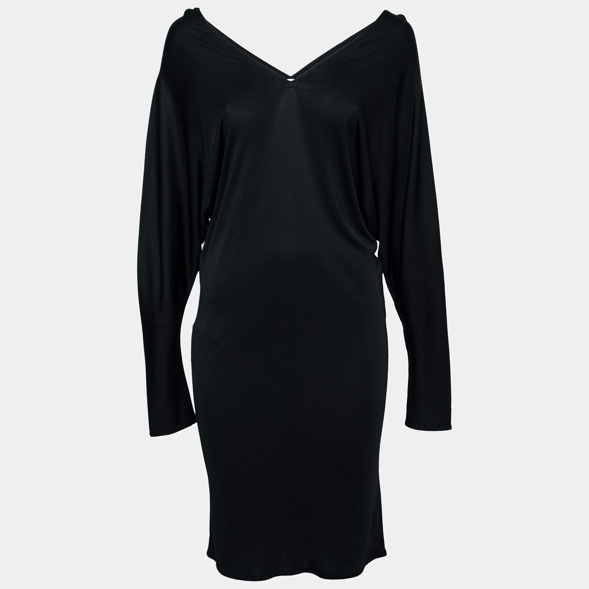 Pre Owned Hermes Black Jersey V-Neck Long Sleeve Dress S