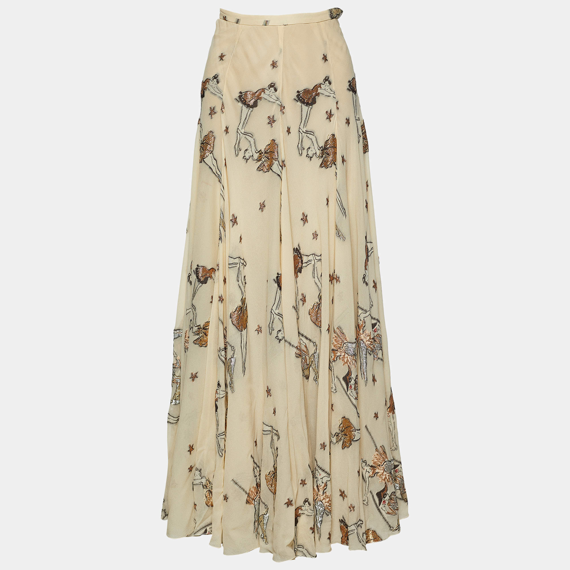 Hermes Beige Ballerina Lurex Jacquard Silk Maxi Skirt S
