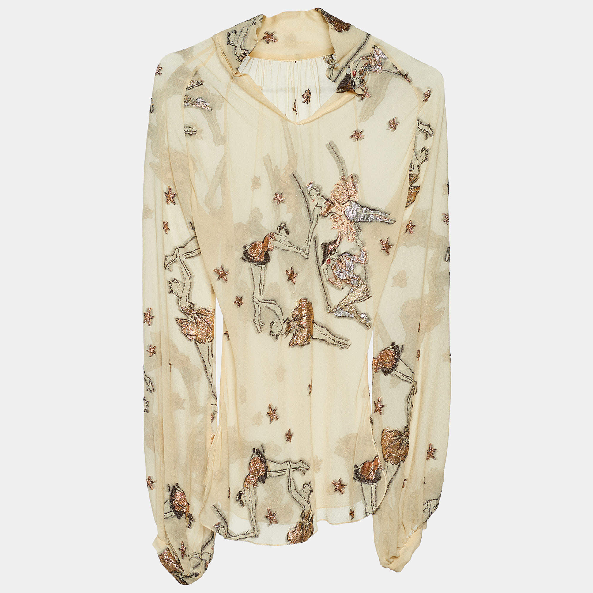Pre Owned Hermes Beige Ballerina Jacquard Silk Long Sleeve Blouse S