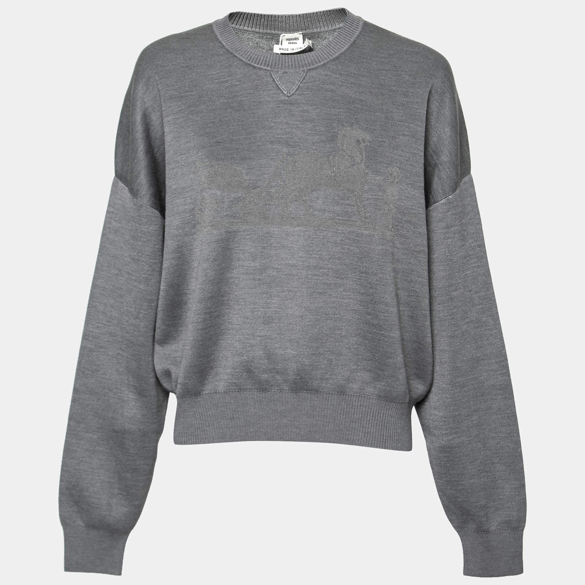Pre Owned Hermes Grey Intarsia Knit Cashmere & Silk Crewneck Sweatshirt L
