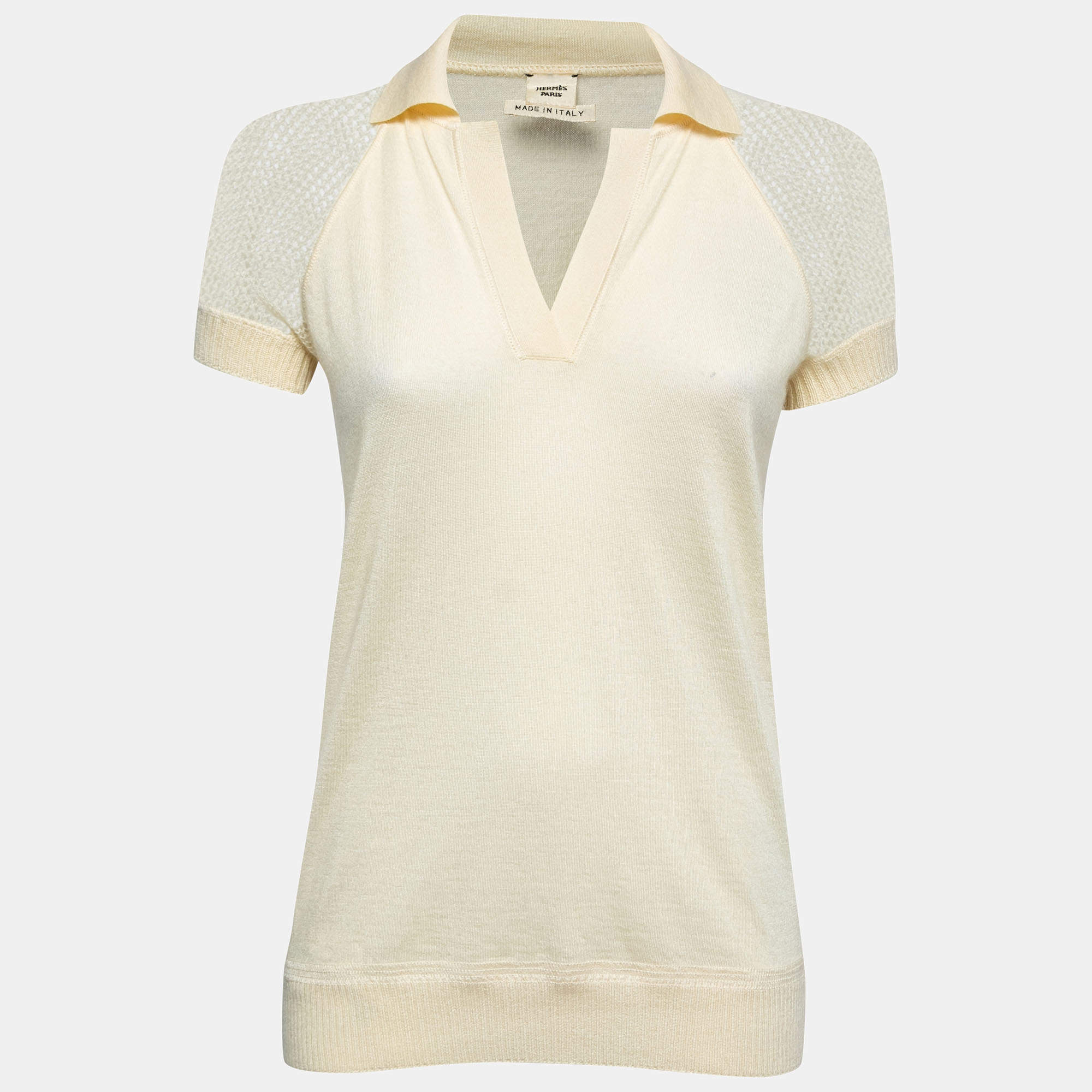 Hermes Cream Cashmere V-Neck Polo T-Shirt S