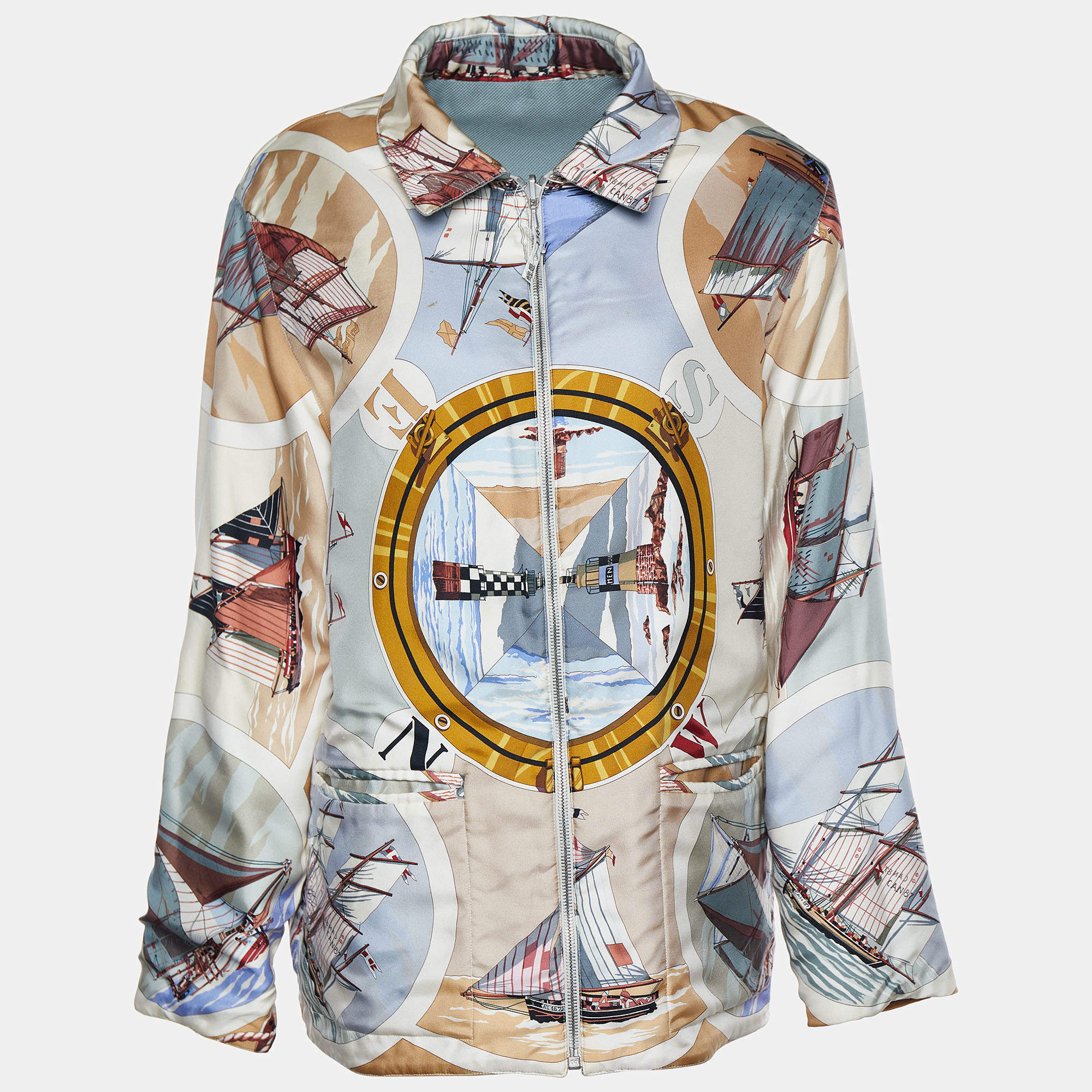 Hermes Blu Sailboat & Lighthouse Printed Silk & Cotton Reversible Jacket M