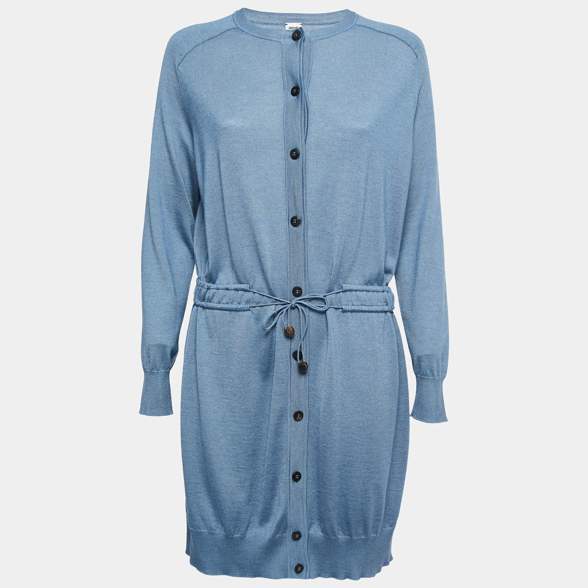 Hermes Blue Cashmere & Silk Drawstring Detail Cardigan Dress M