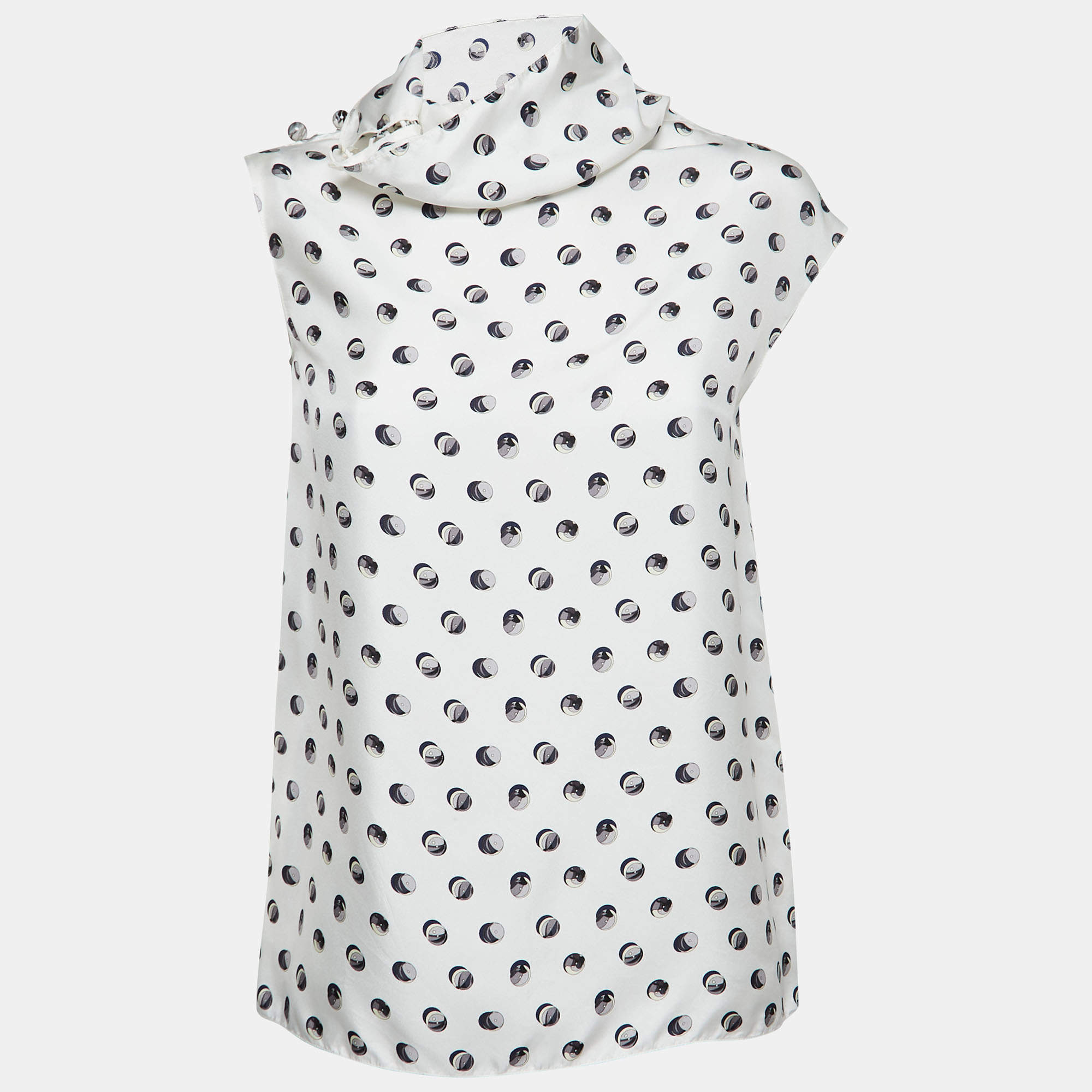 Hermes White Printed Twill Silk Cowl Neck Top S