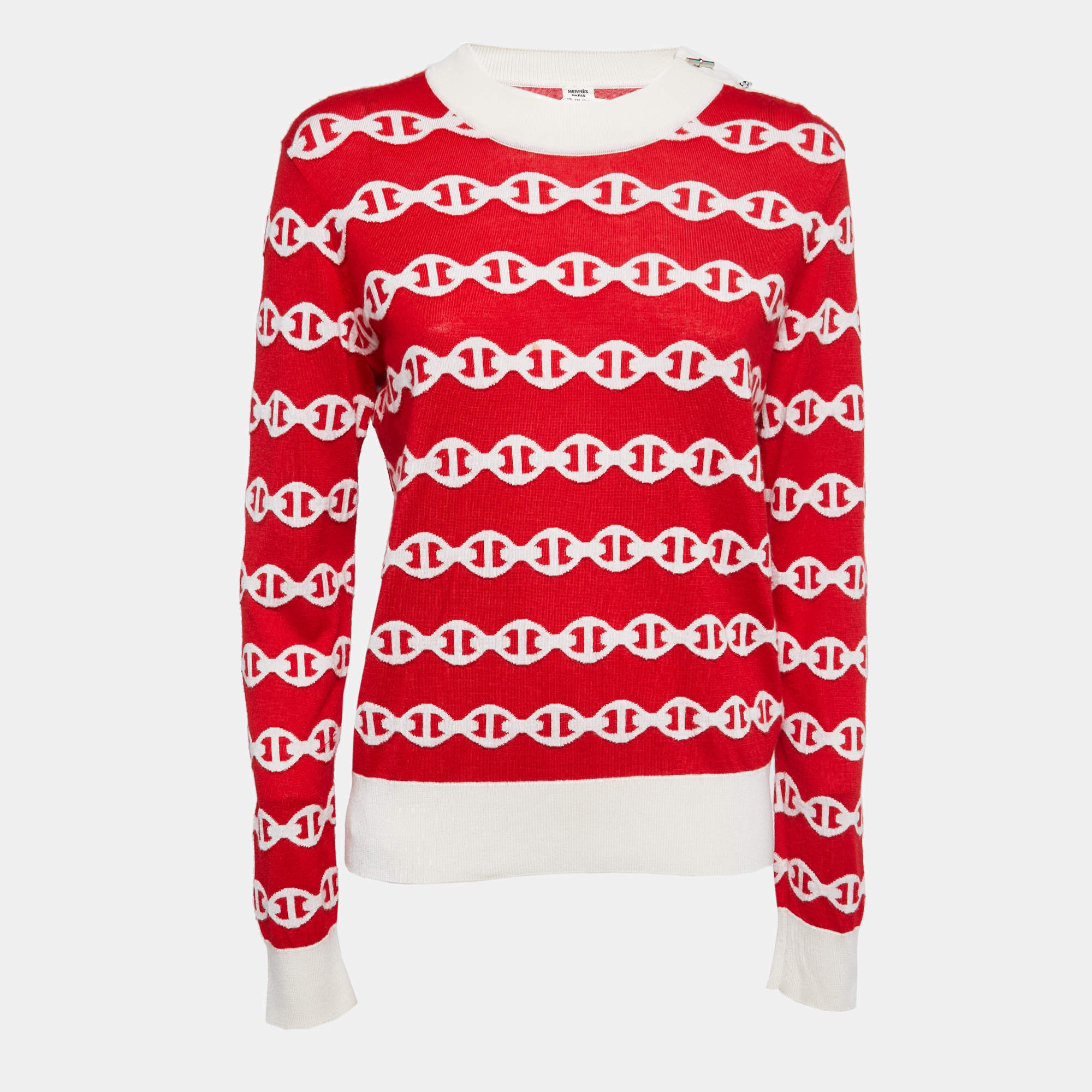 Hermes Red Patterned Cashmere & Silk Crew Neck Jumper L