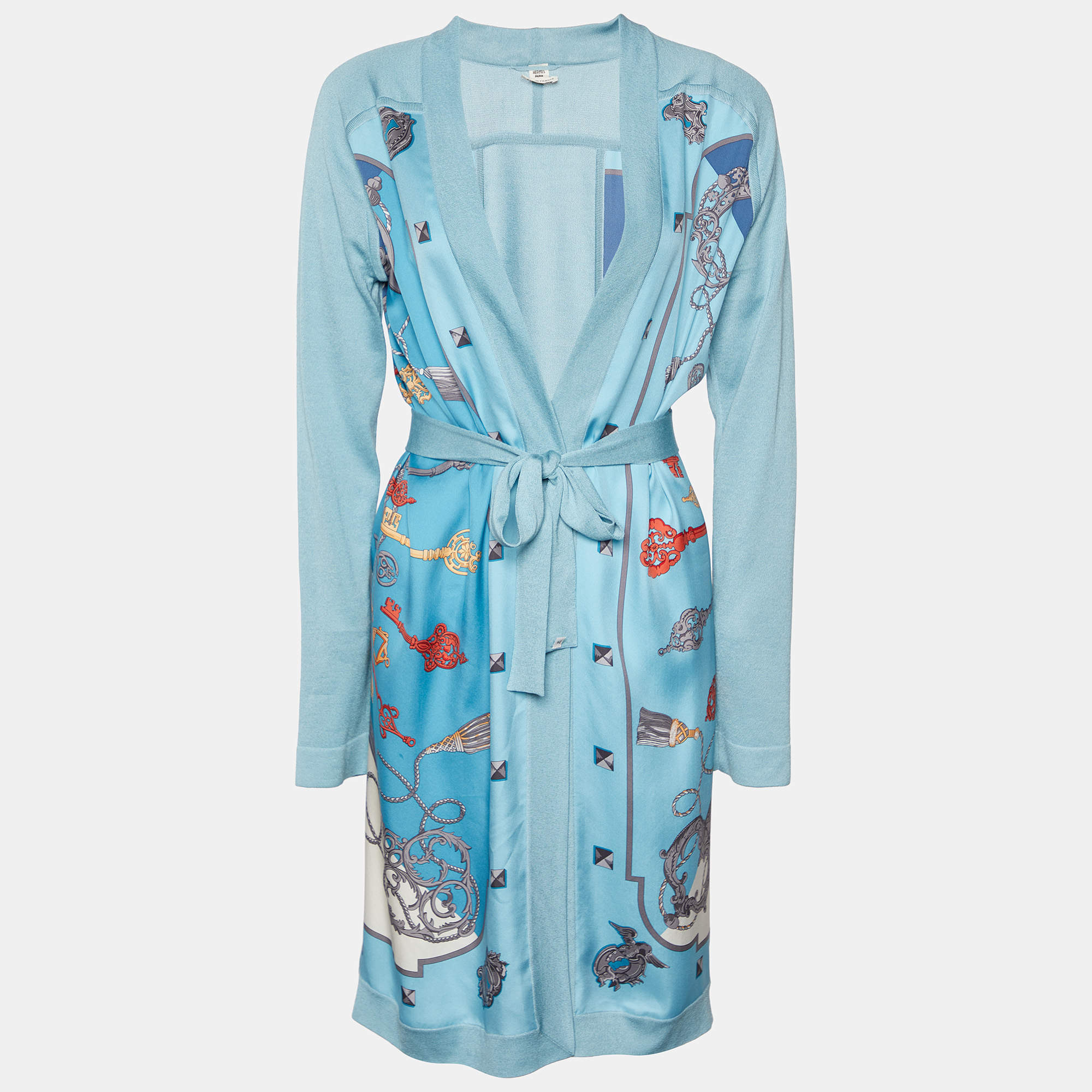 Pre Owned Hermes Blue Les Cles Print Silk & Knit Belted Cardigan S