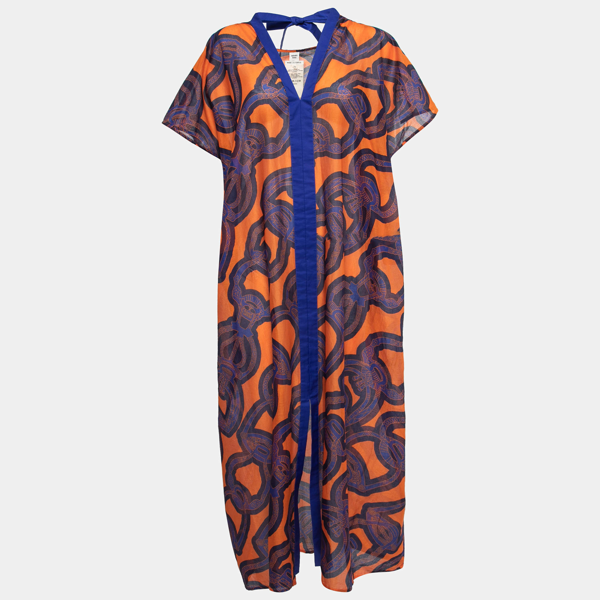 Hermes Blue/Orange Printed Cotton Beach Kaftan One Size