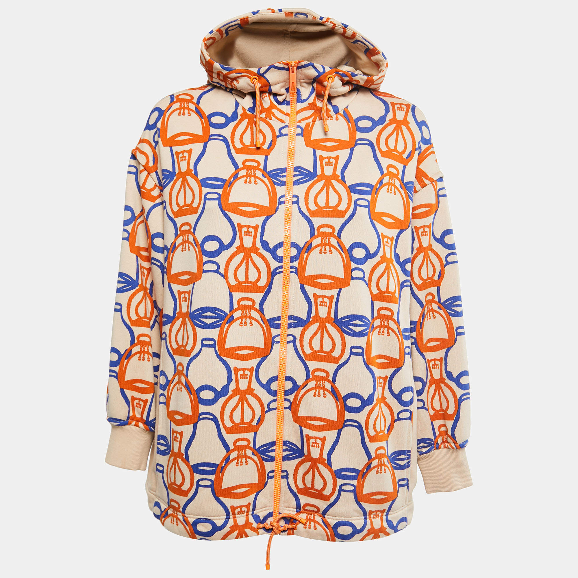 Pre Owned Hermes Beige Fantaisie d' Etriers Printed Cotton Hoodie S