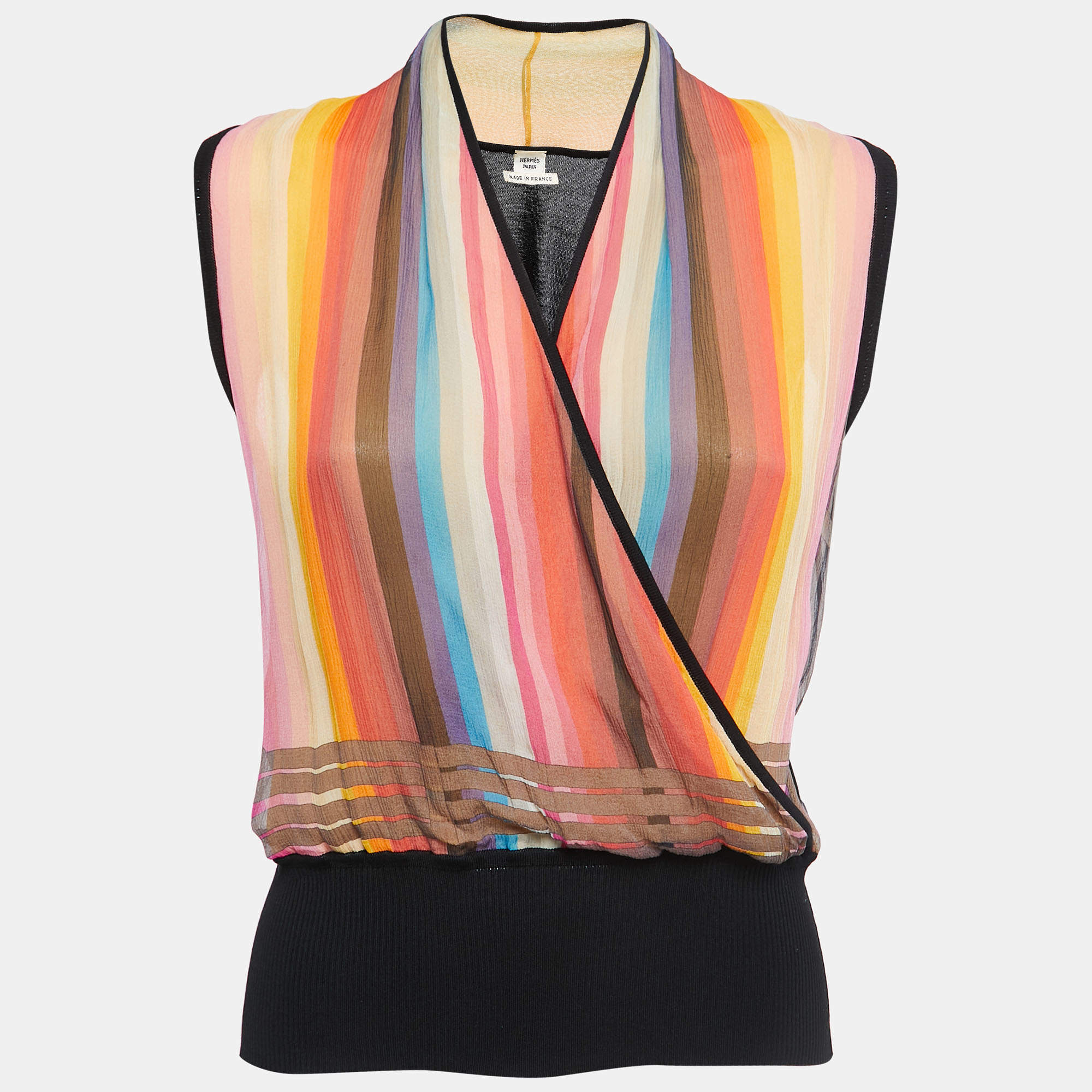 Hermes Multicolor Striped Silk Wrap Effect Sleeveless Knit Top M