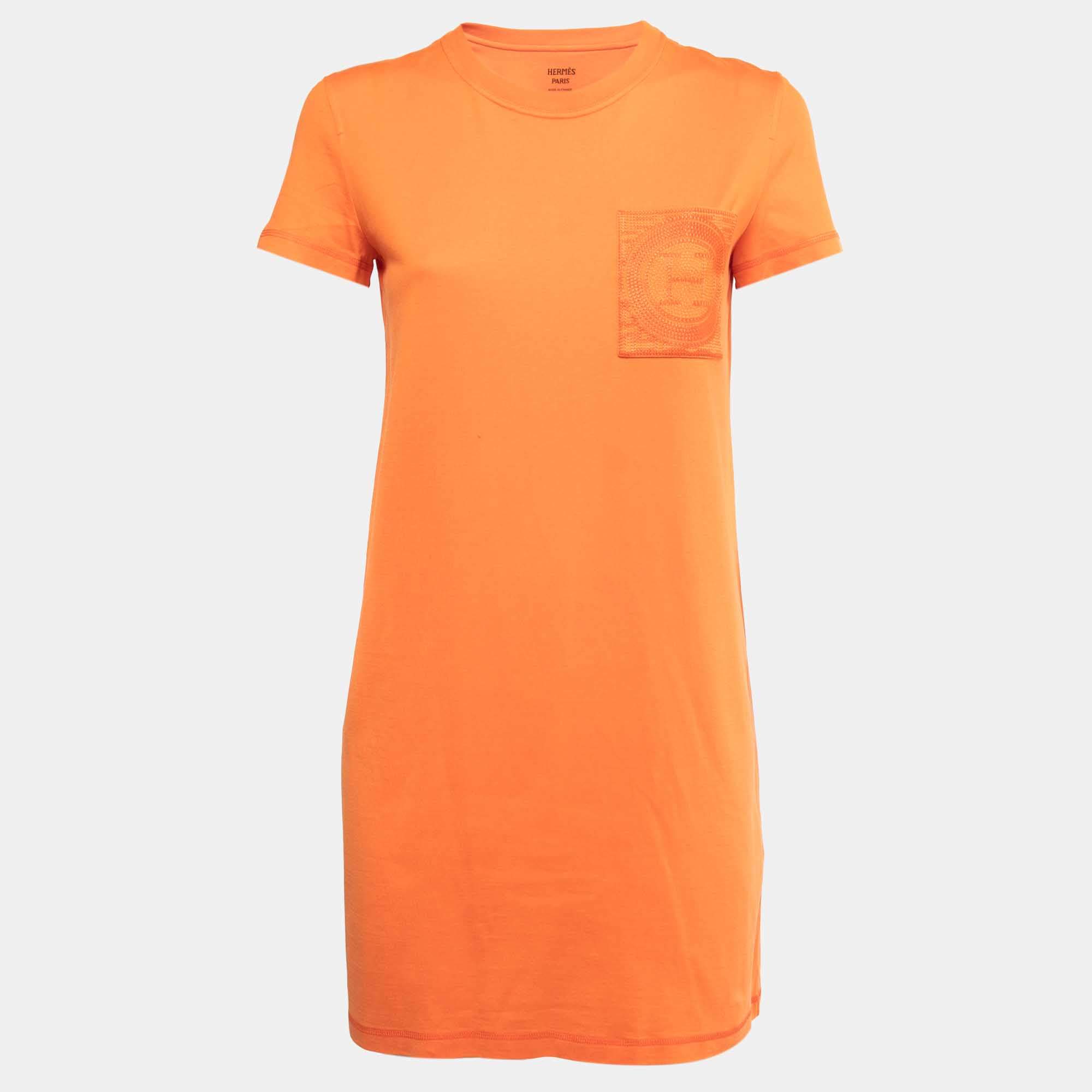 مملوكة مسبقًا Hermes Orange Cotton Embroidered Pocket Long T-Shirt S