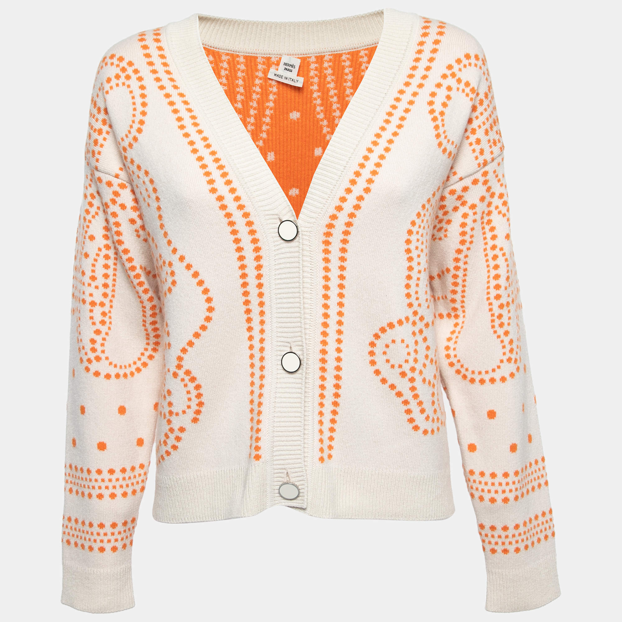 Hermès Cream/Orange Embroidered Cashmere Blend Button Front Cardigan S