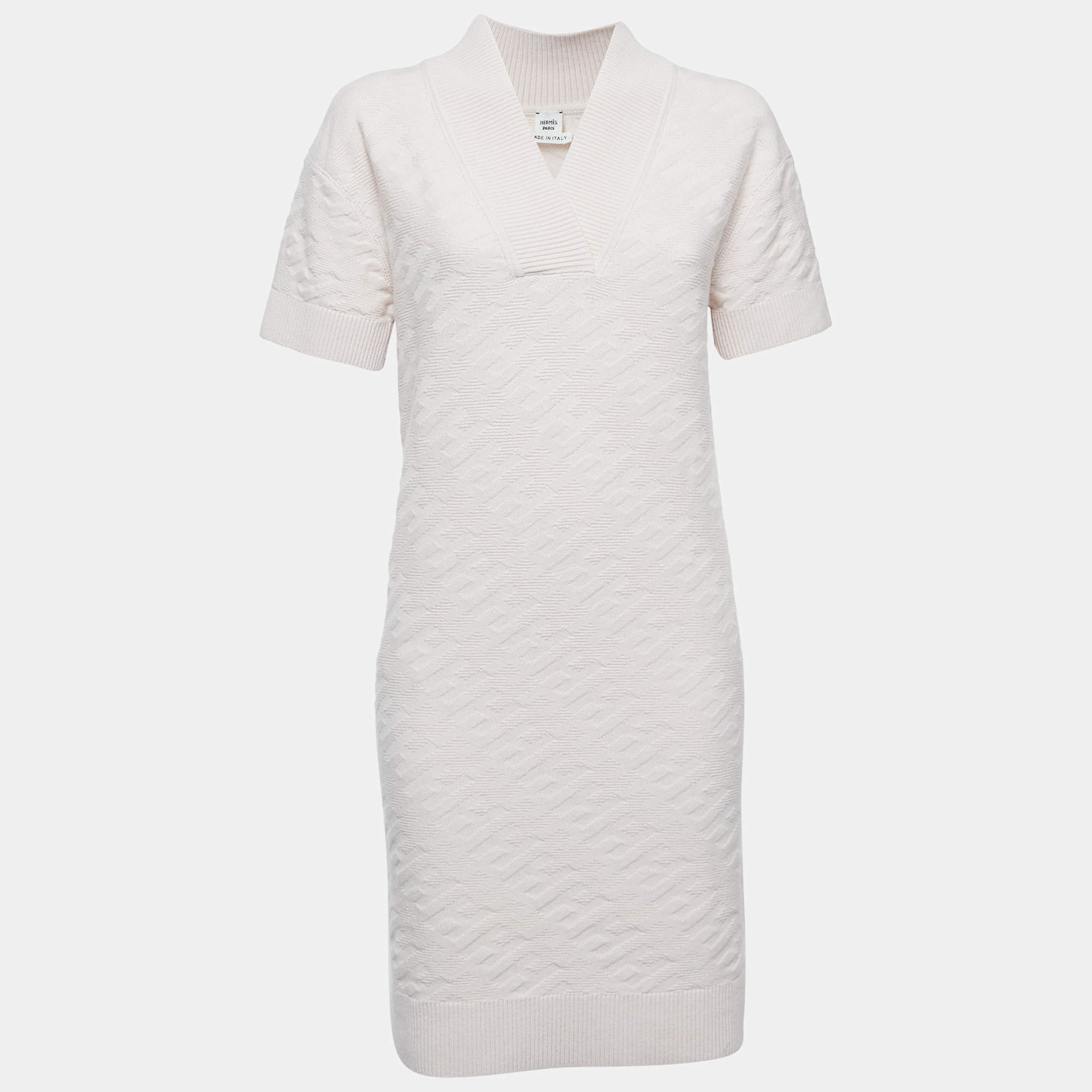 Pre Owned Hermès Pink Logo Knit Jacquard Mini Dress S