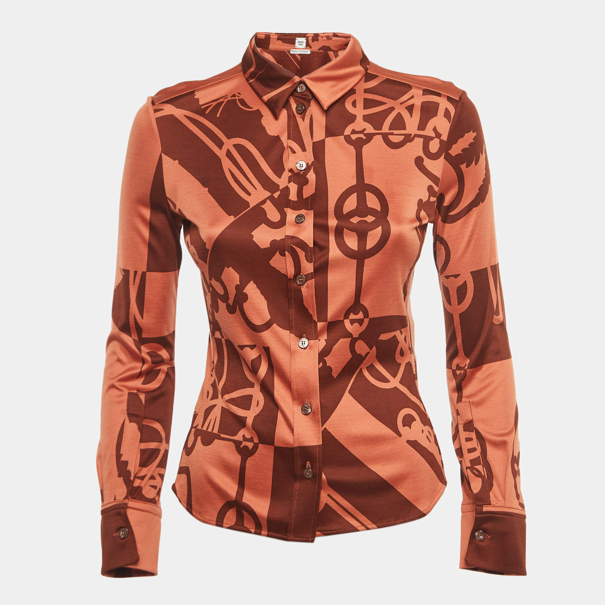 Pre Owned Hermes Red/Brown Printed Jersey Shirt S