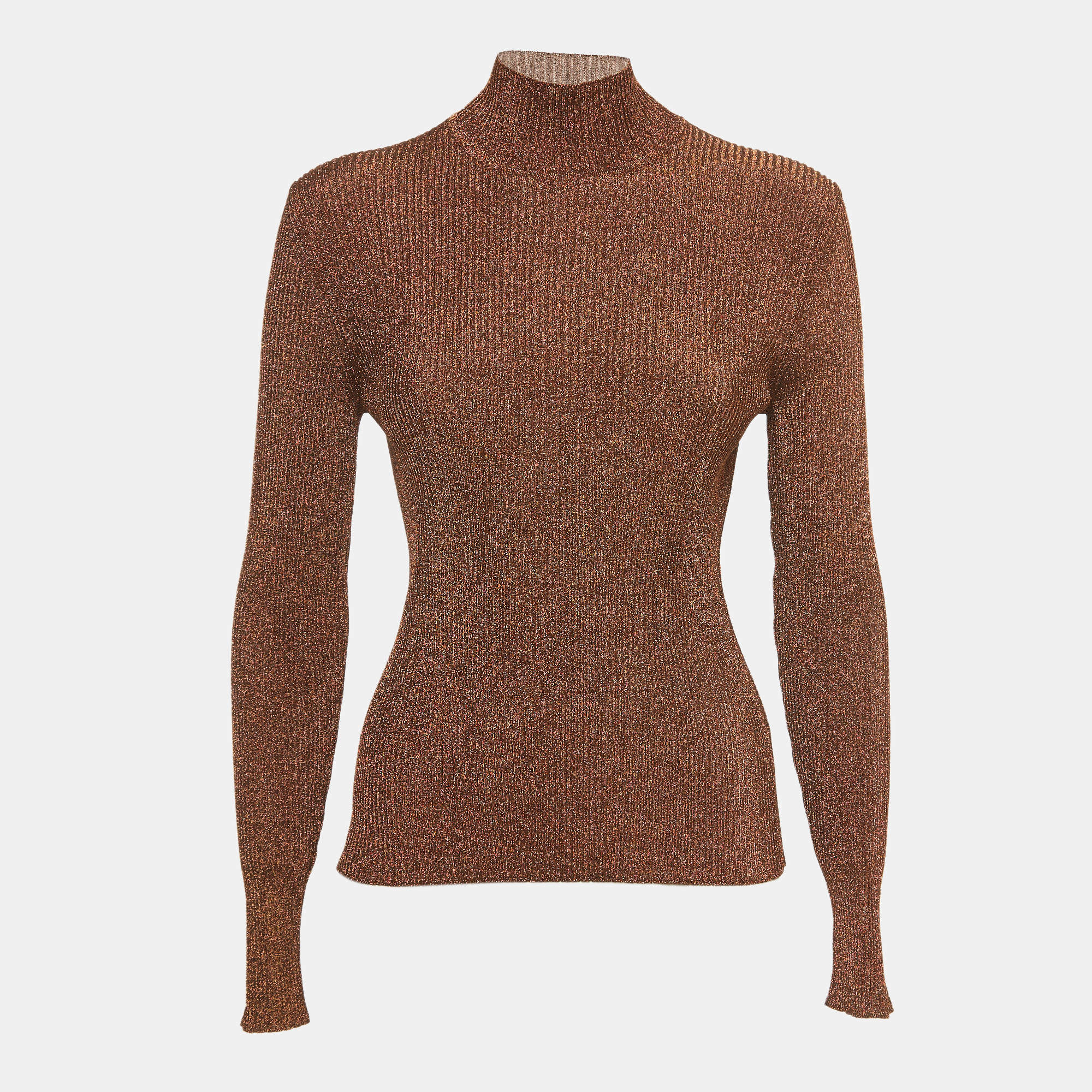 مملوكة مسبقًا Hermès Brown Lurex Knit Turtle Neck Long Sleeve Top M