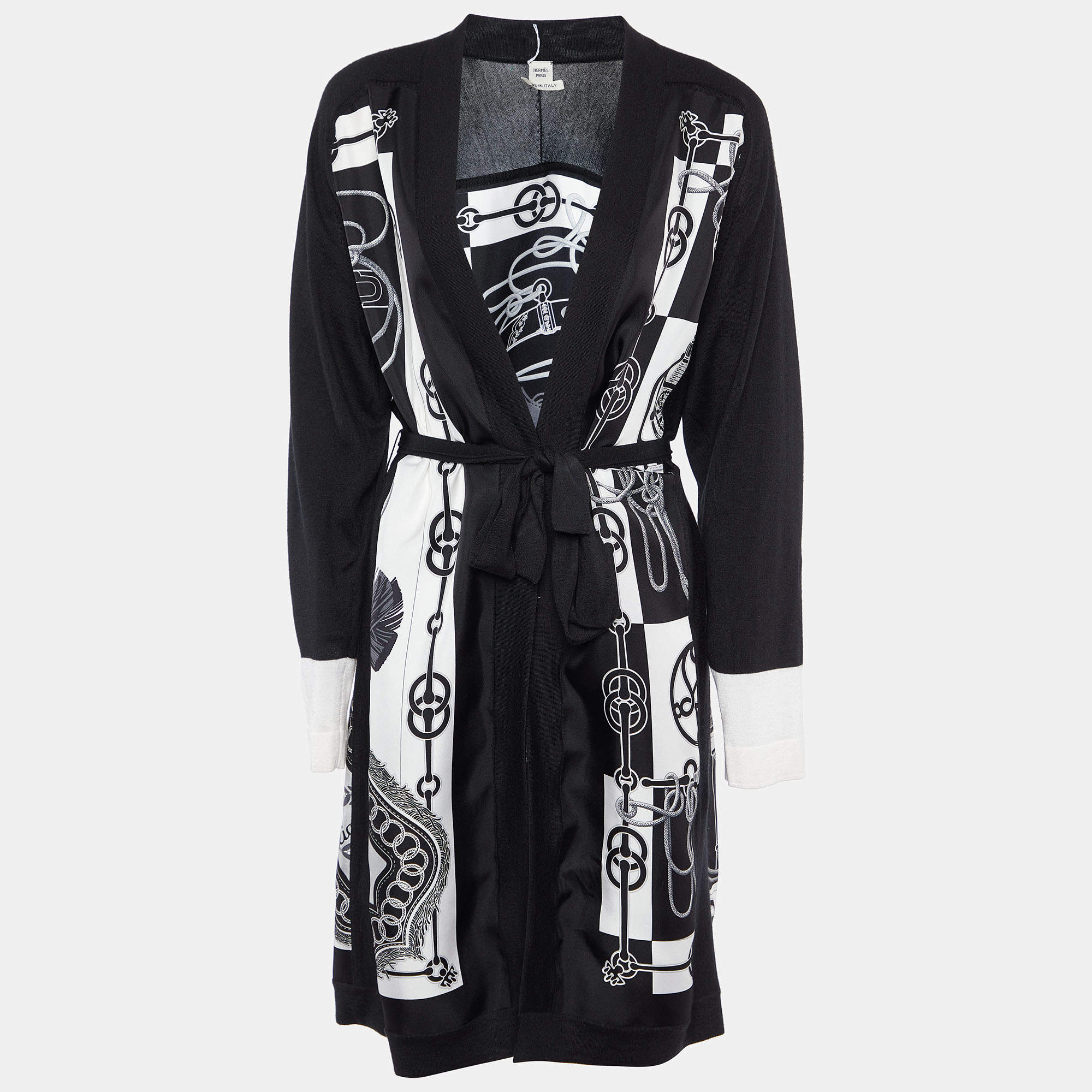 Hermes Black/White Printed Silk & Knit Belted Cardigan M