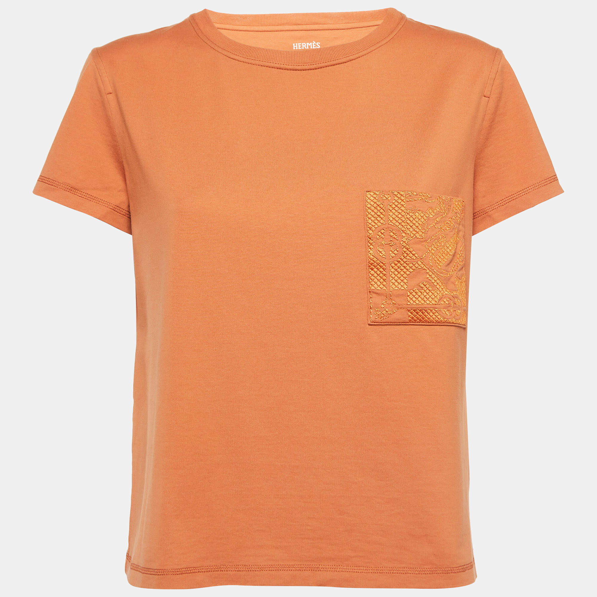 Hermes Orange Cotton Embroidered Pocket Short Sleeve T-Shirt M