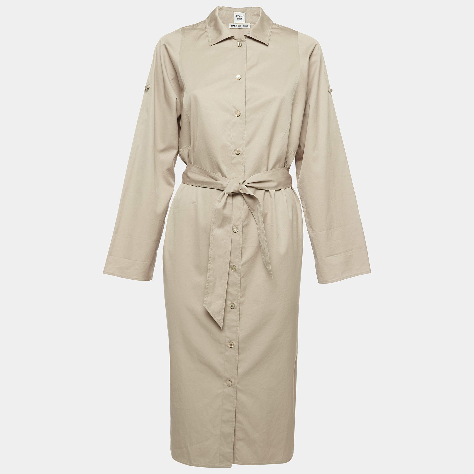 Pre Owned Hermès  Beige Logo Embroidered Cotton Belted Midi Shirt Dress M