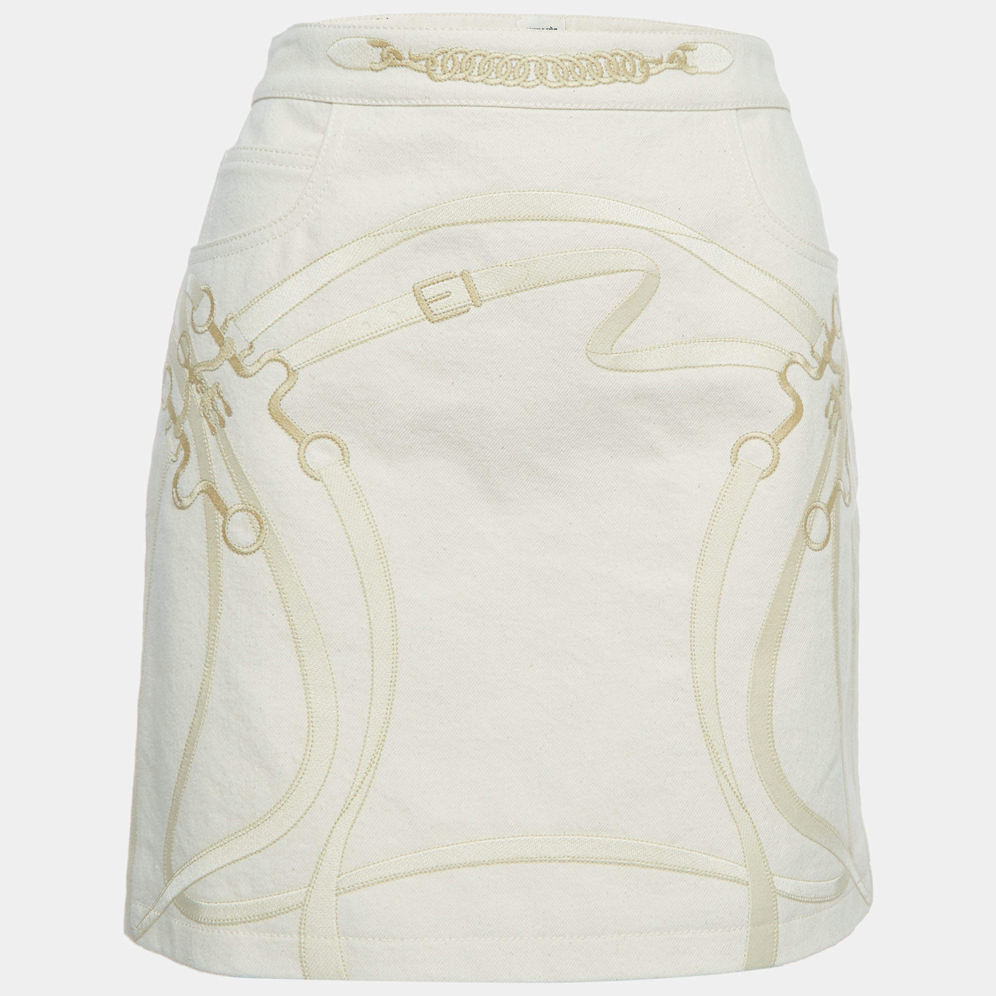 Pre Owned Hermès Beige Embroidered Denim Mini Skirt M