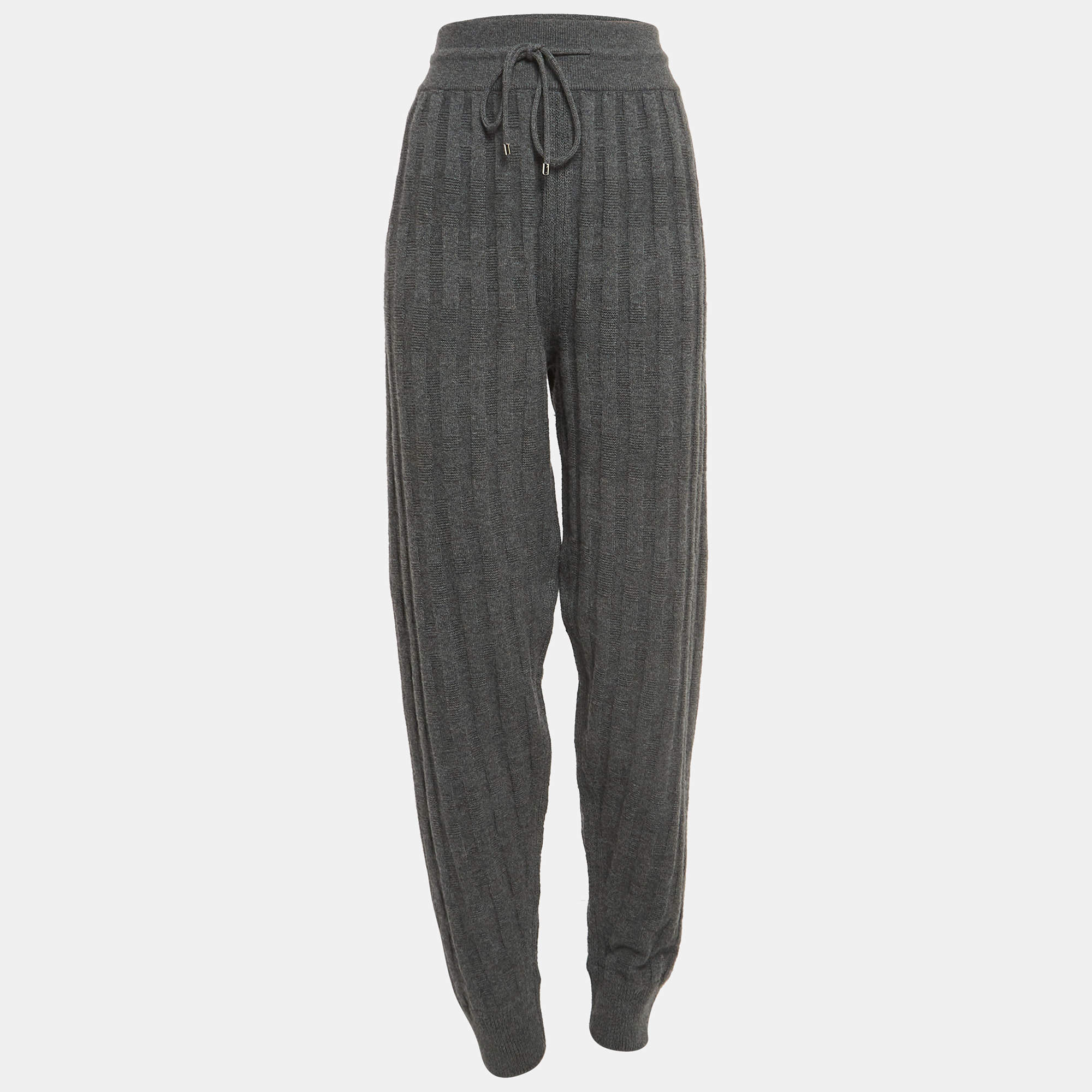 Hermes Grey Patterned Wool Blend Knit Drawstring Joggers L