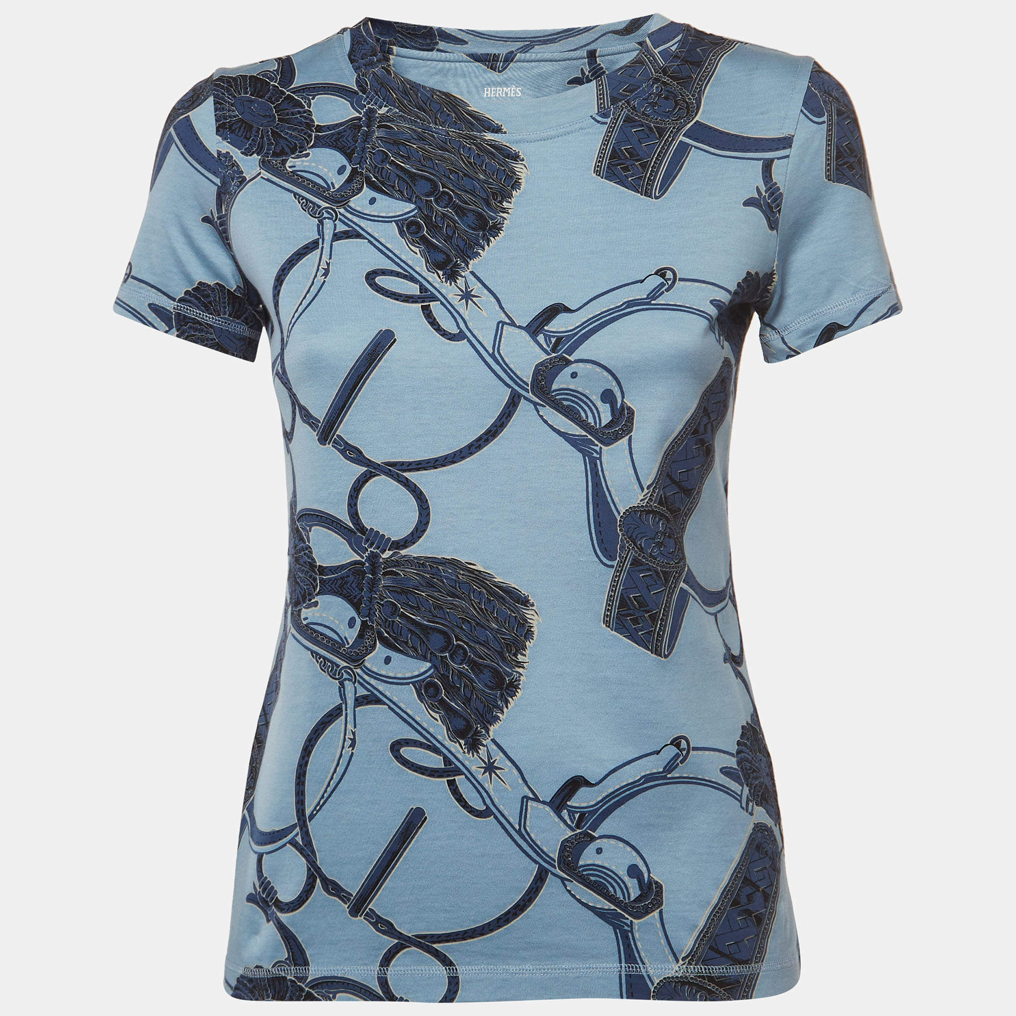 Pre Owned Hermès Blue Printed Cotton Crew Neck T-Shirt S