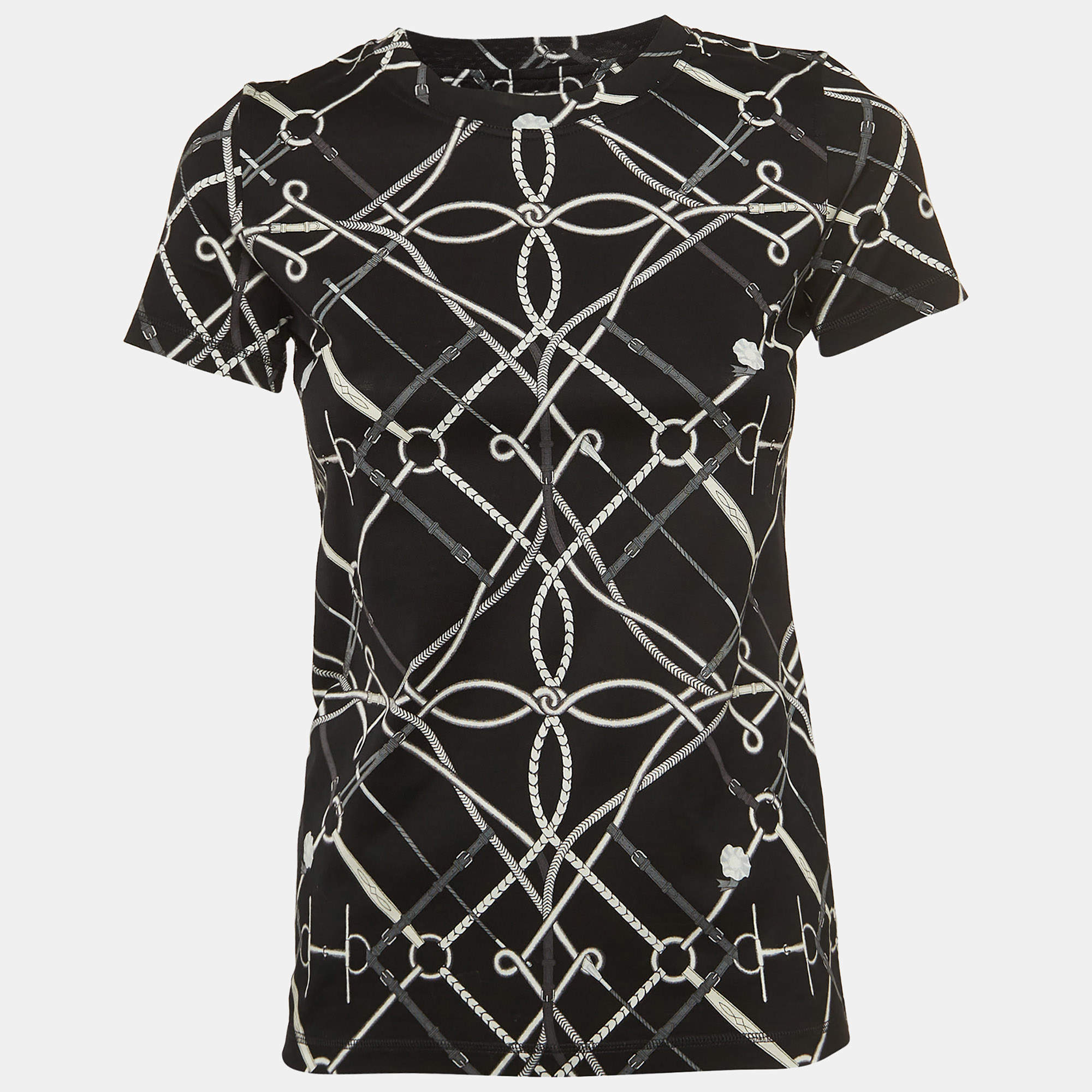 مملوكة مسبقًا Hermès Black Ropes and Belts Printed Cotton Crew Neck T-Shirt S