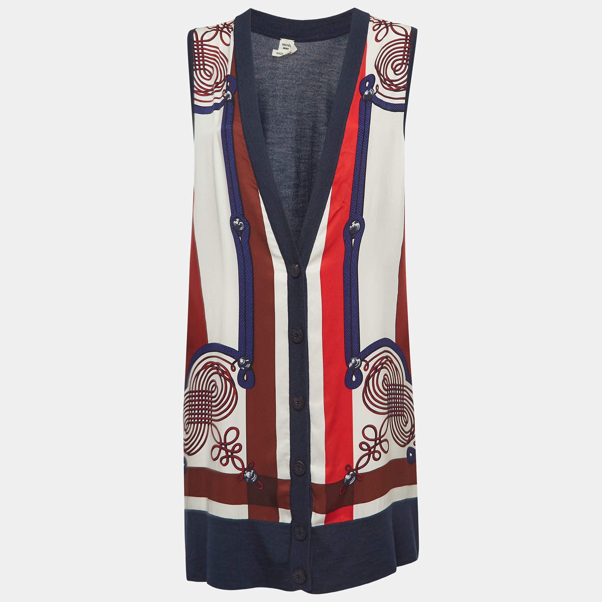 Hermès Navy Blue Print Silk and Cashmere Knit Sleeveless Buttoned Cardigan M