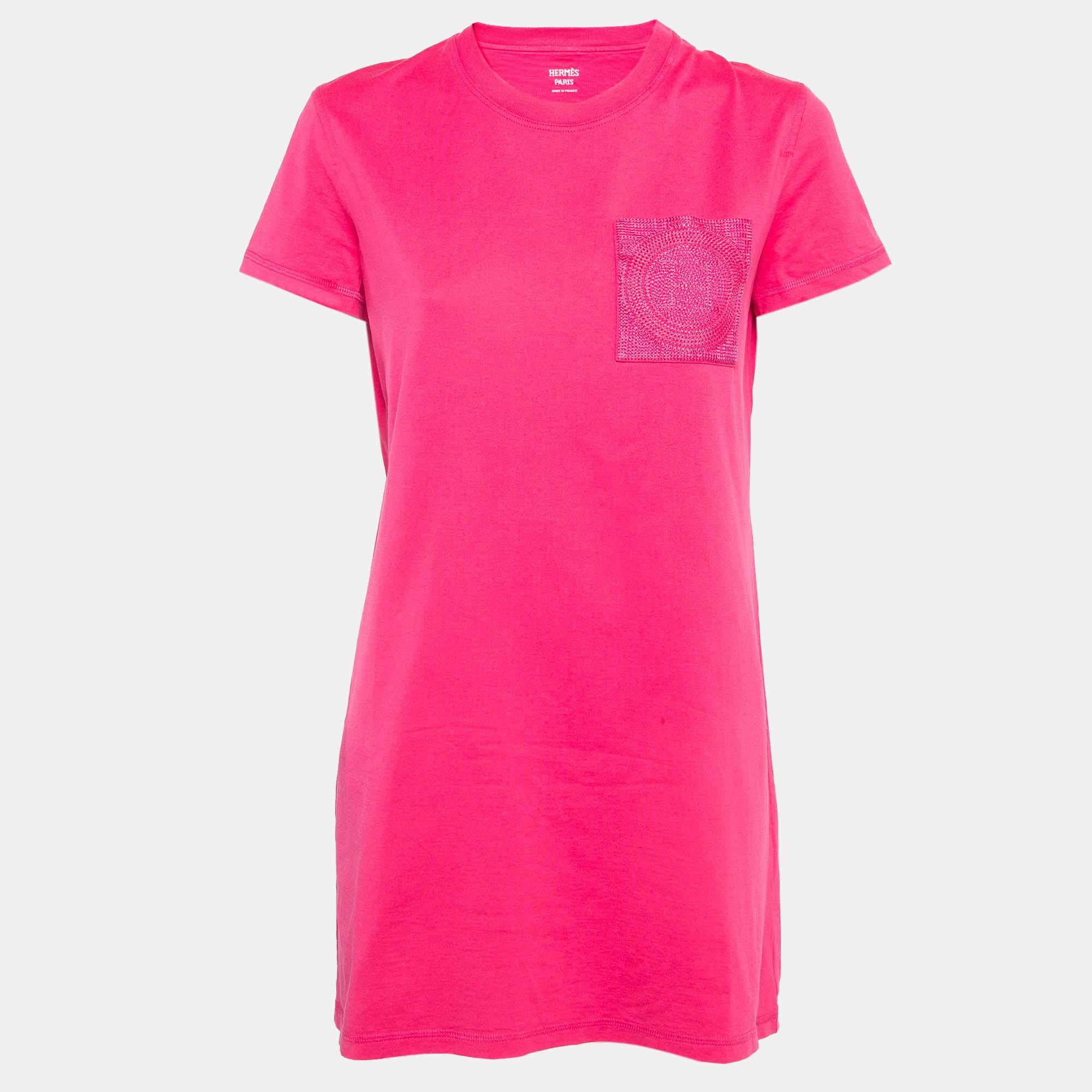 Pre Owned Hermès Pink Embroidered Pocket Cotton Knit Mini T-Shirt Dress M