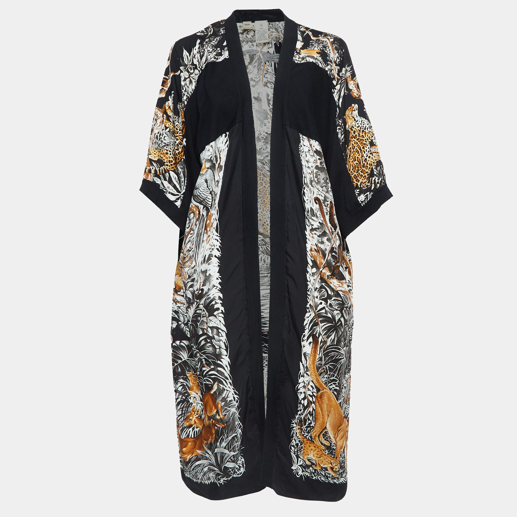 Hermes Black Animal Print Silk & Knit Trim Long Twillaine Cardigan M