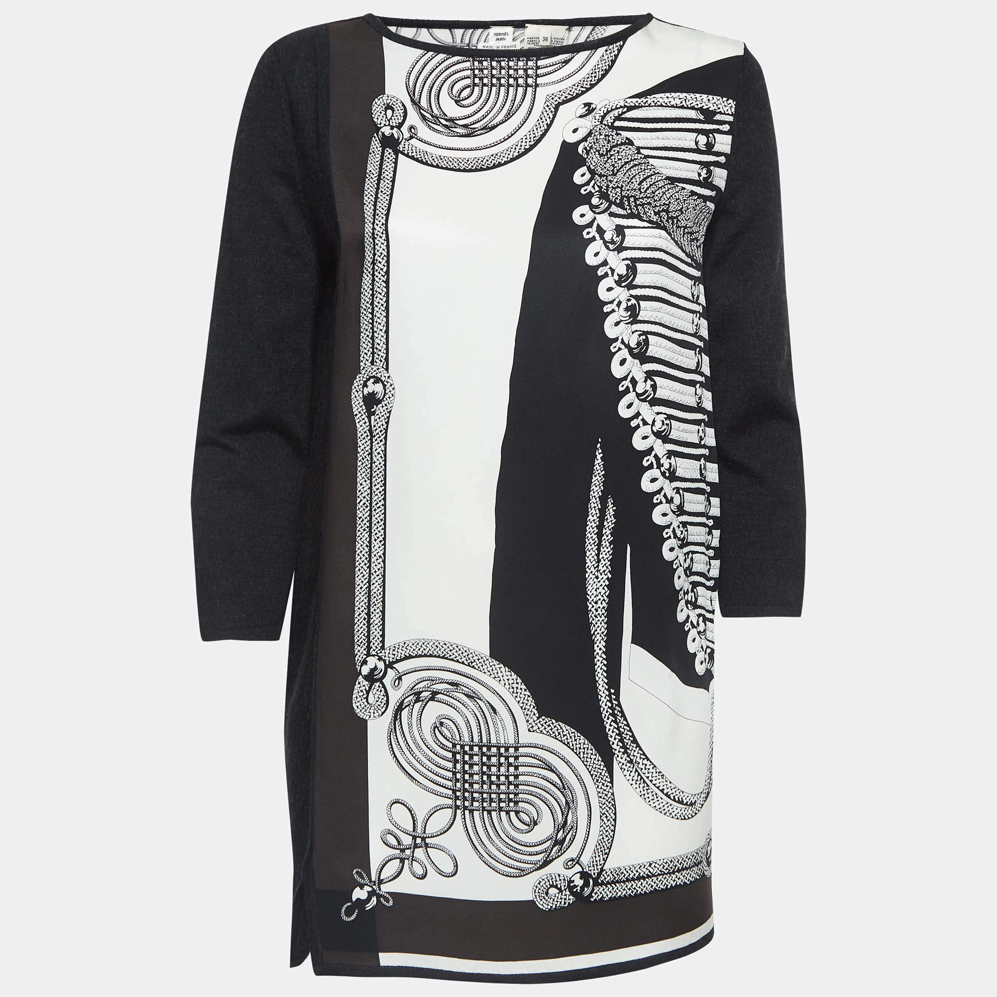 Hermes Black Printed Silk and Knit Tunic Top M