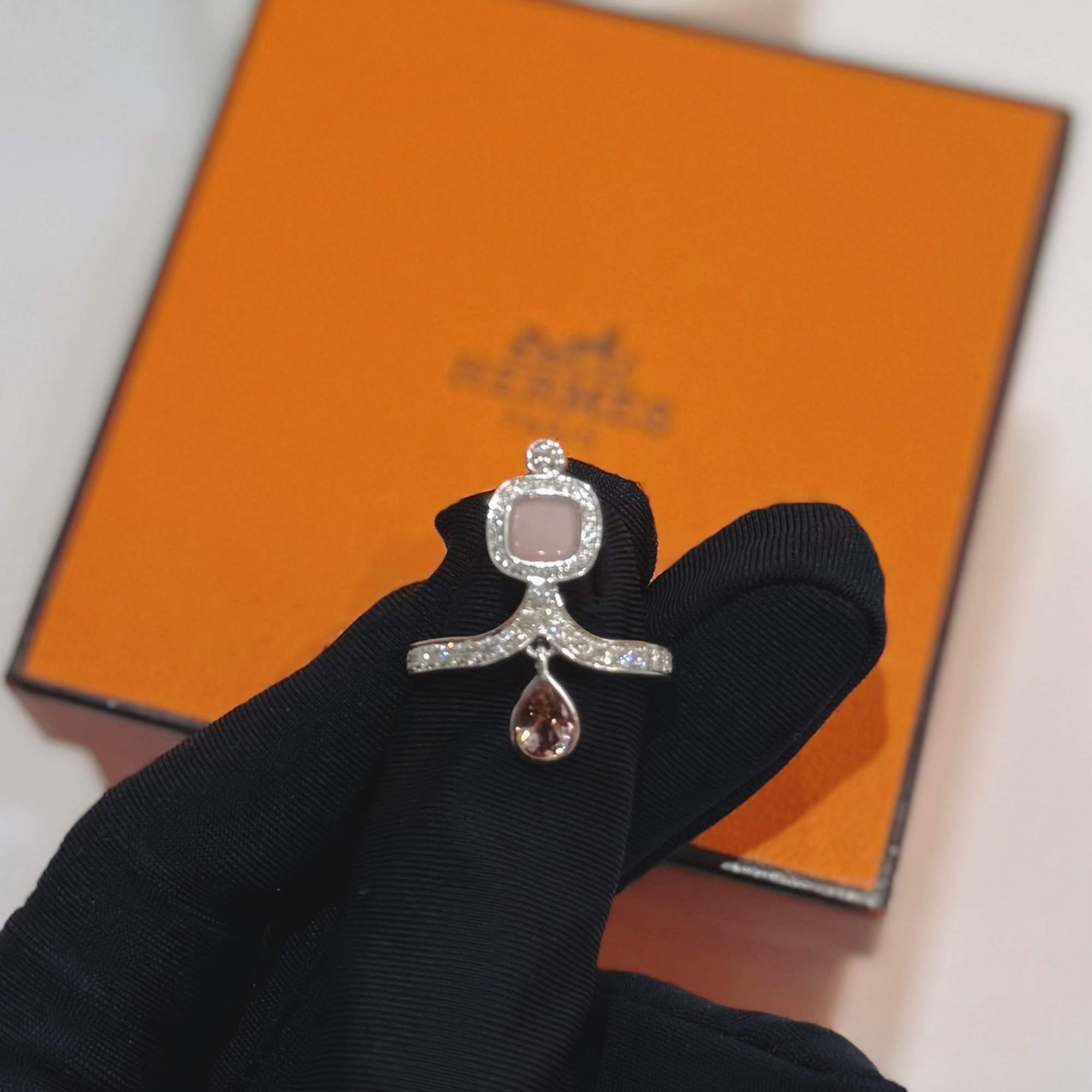 Pre Owned Hermes Pink Opal and Tourmaline 18K White Gold Diamond Ring EU 52
