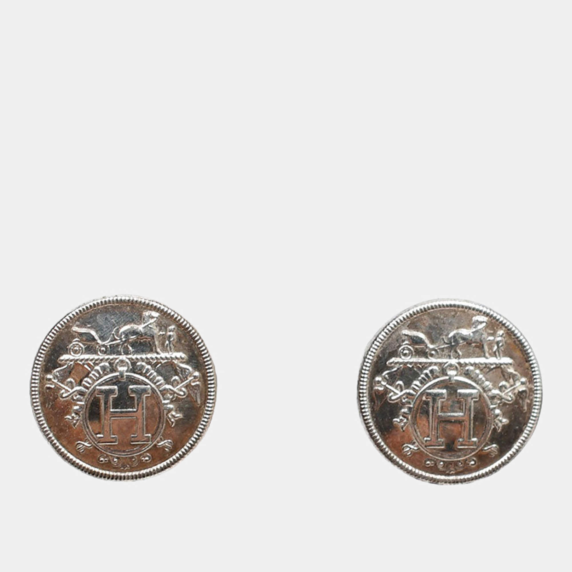Pre Owned Hermes Sterling Silver Ex-Libris Button Earrings