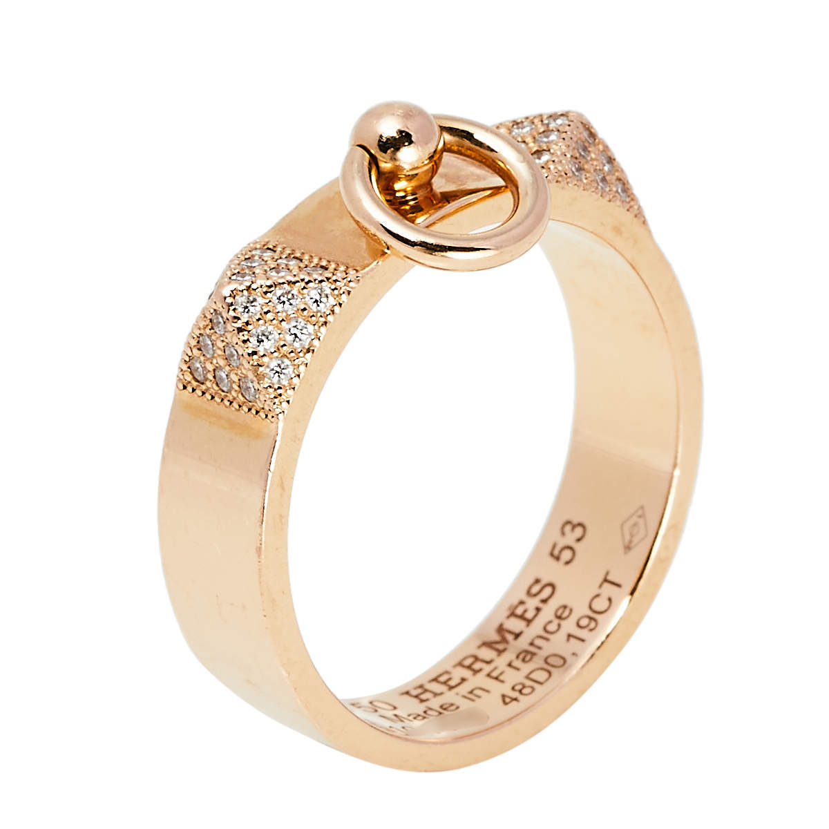 Hermes Collier De Chien Diamond 18K Rose Gold Band Rings Size 53