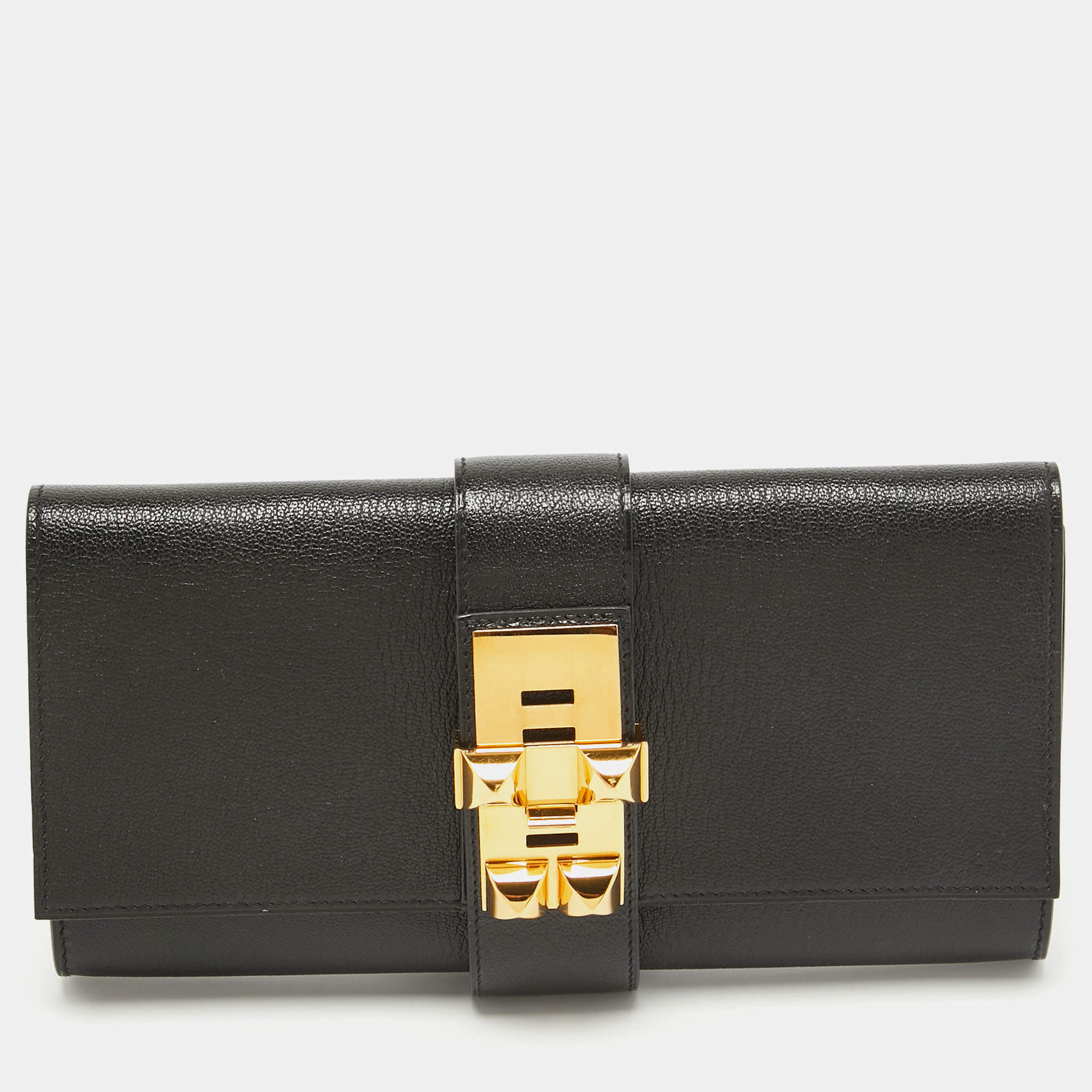 Pre Owned Hermes Noir Chevre Mysore Leather Medor 23 Clutch