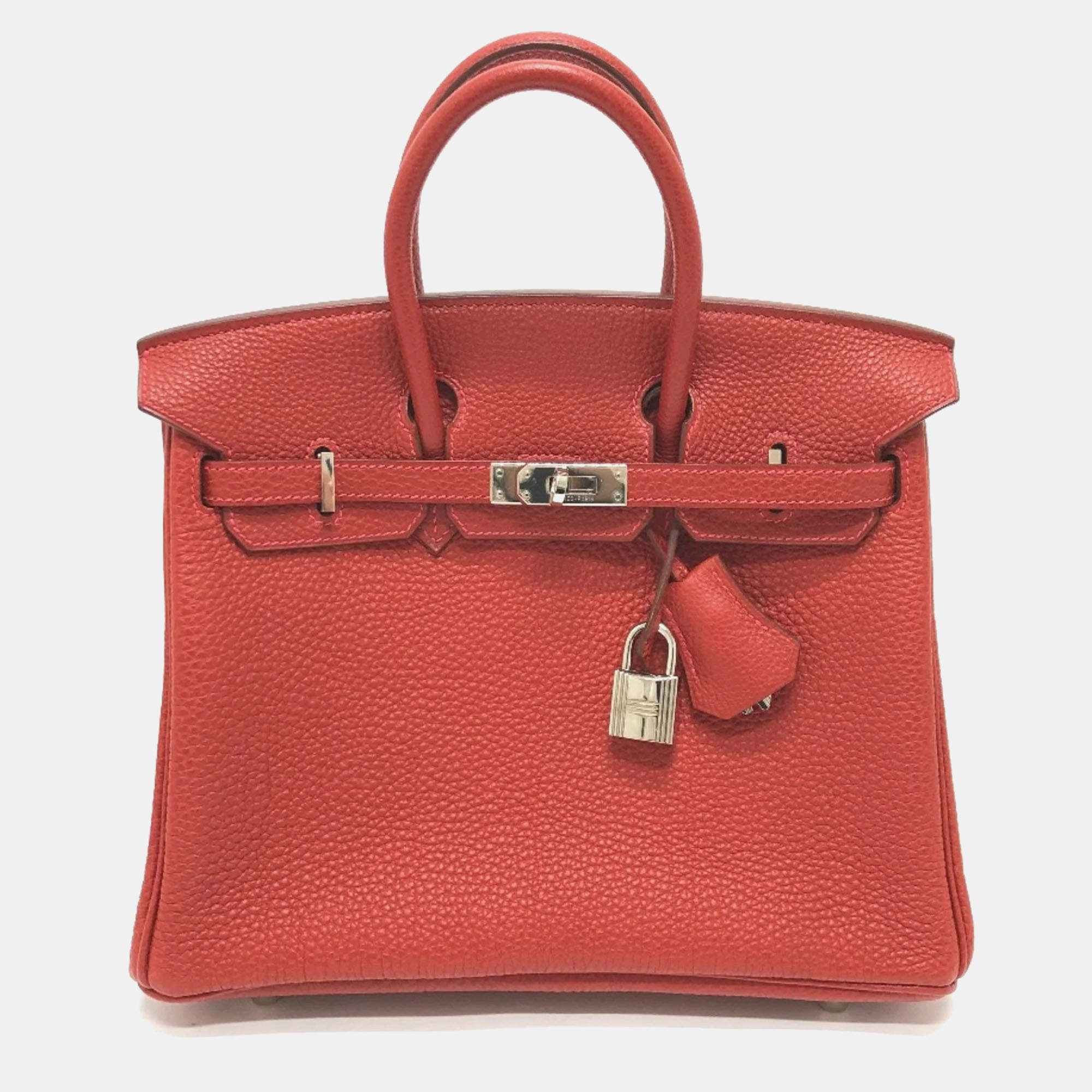 Hermes Vermillion Red Leather Birkin 25 Tote Bag