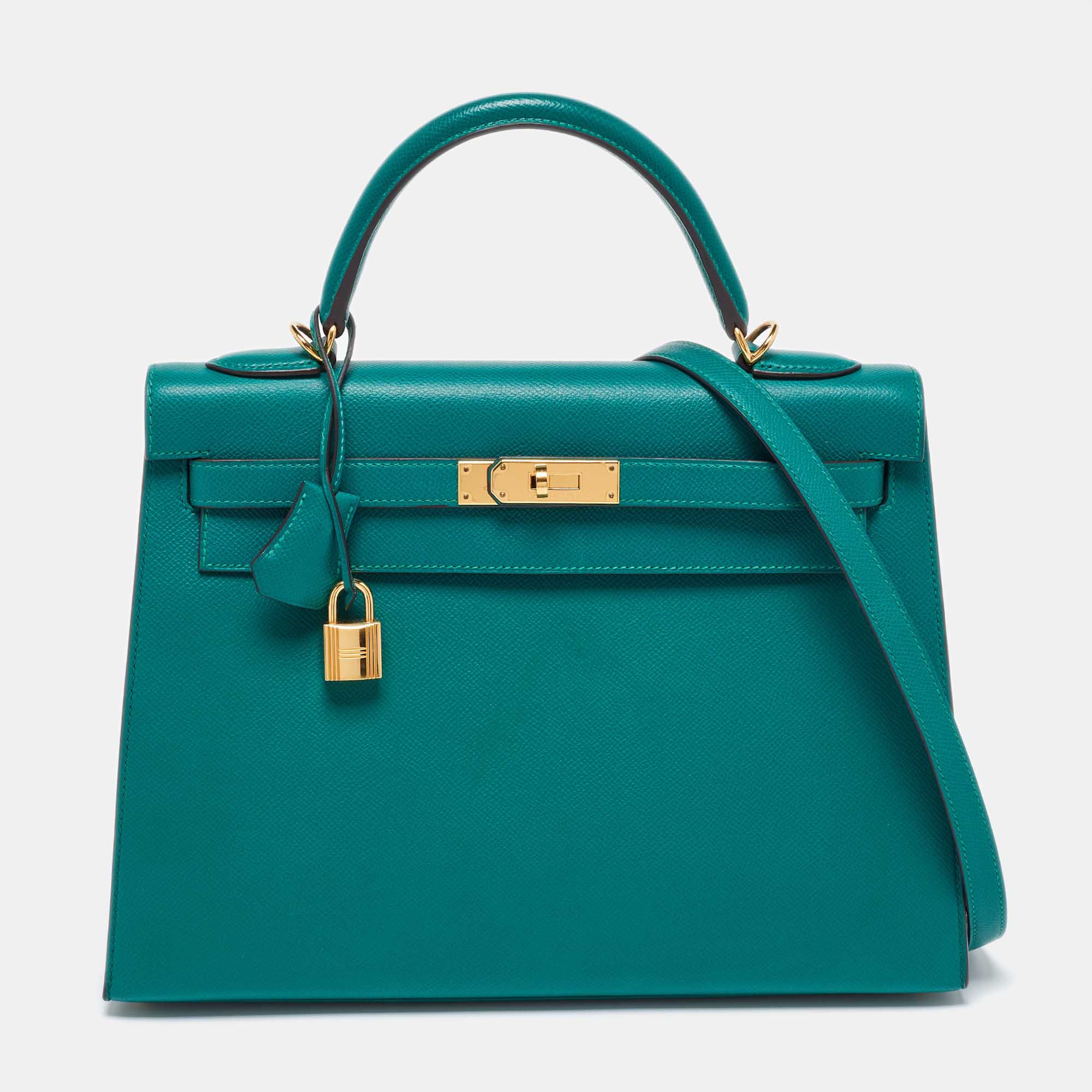 Pre Owned Hermes Malachite Epsom Leather Gold Finish Kelly Sellier 32 Bag
