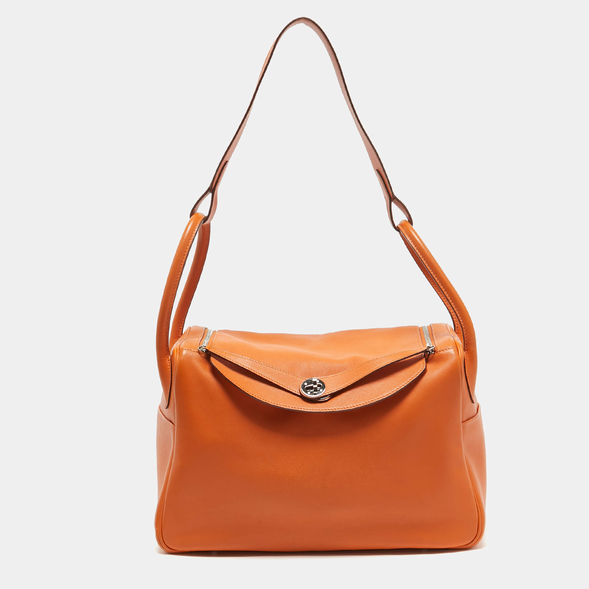 Hermes Orange Swift Leather Palladium Finish Lindy 34 Bag