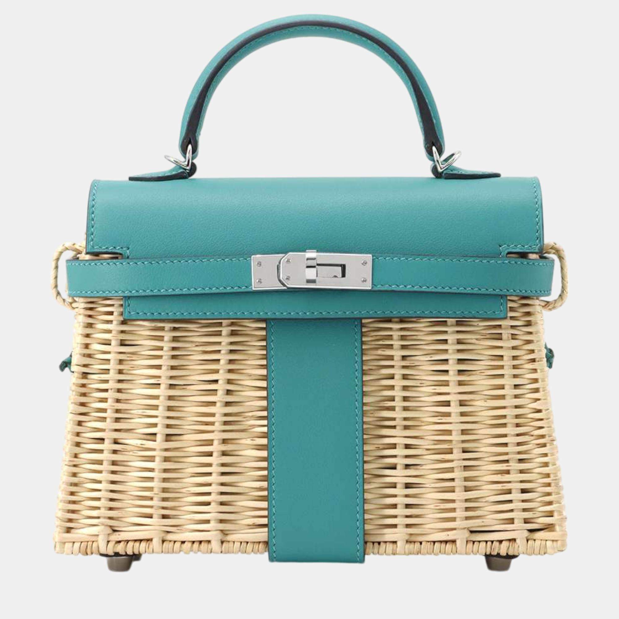 Hermes Vert Verone Swift Leather Wicker Picnic Mini Kelly 20 Top Handle Bags