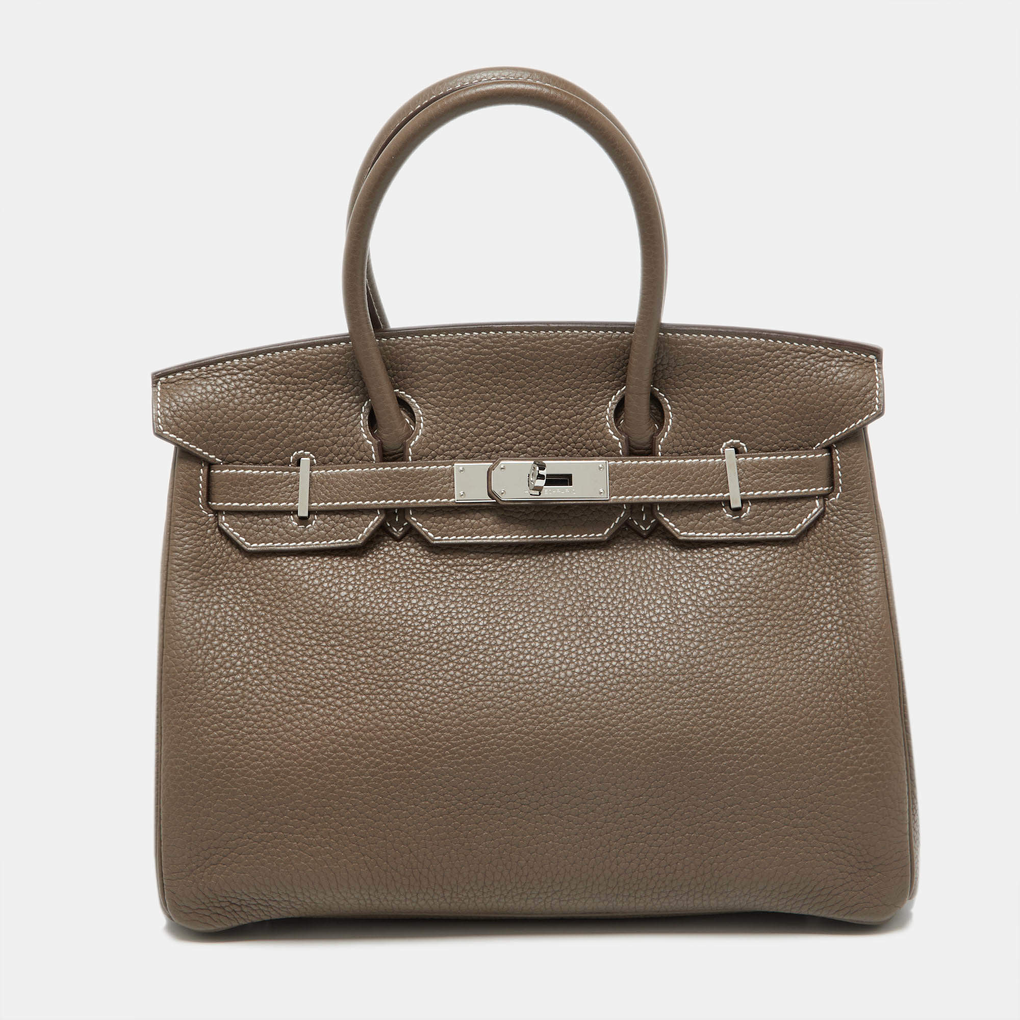 Hermes Etoupe Grey Taurillon Clemence Leather Palladium Finish Birkin 30 Bag