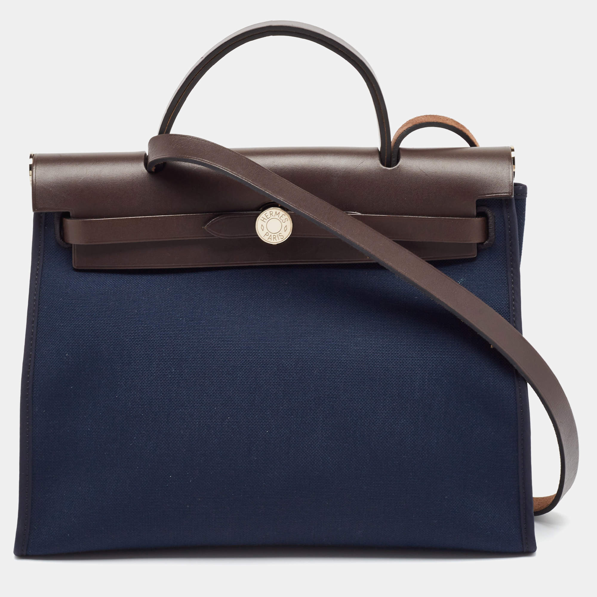 Pre Owned Hermes Bleu Marine/Ebene Toile Canvas and Vache Hunter Leather Herbag Zip 31 Bag