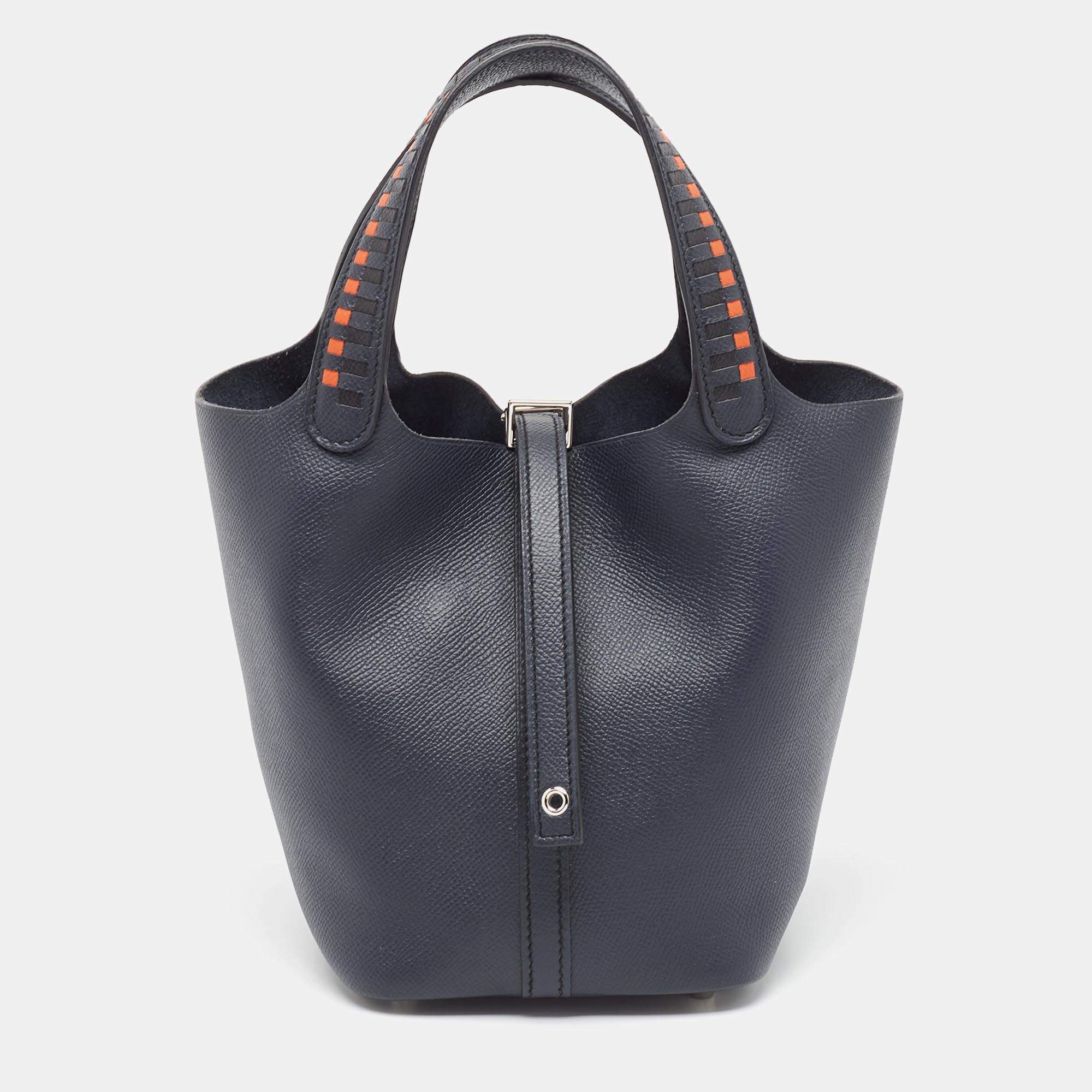 Pre Owned Hermès Bleu Indigo/Terre Battue/Noir Epsom Leather Picotin Lock Tressage 18 Bag