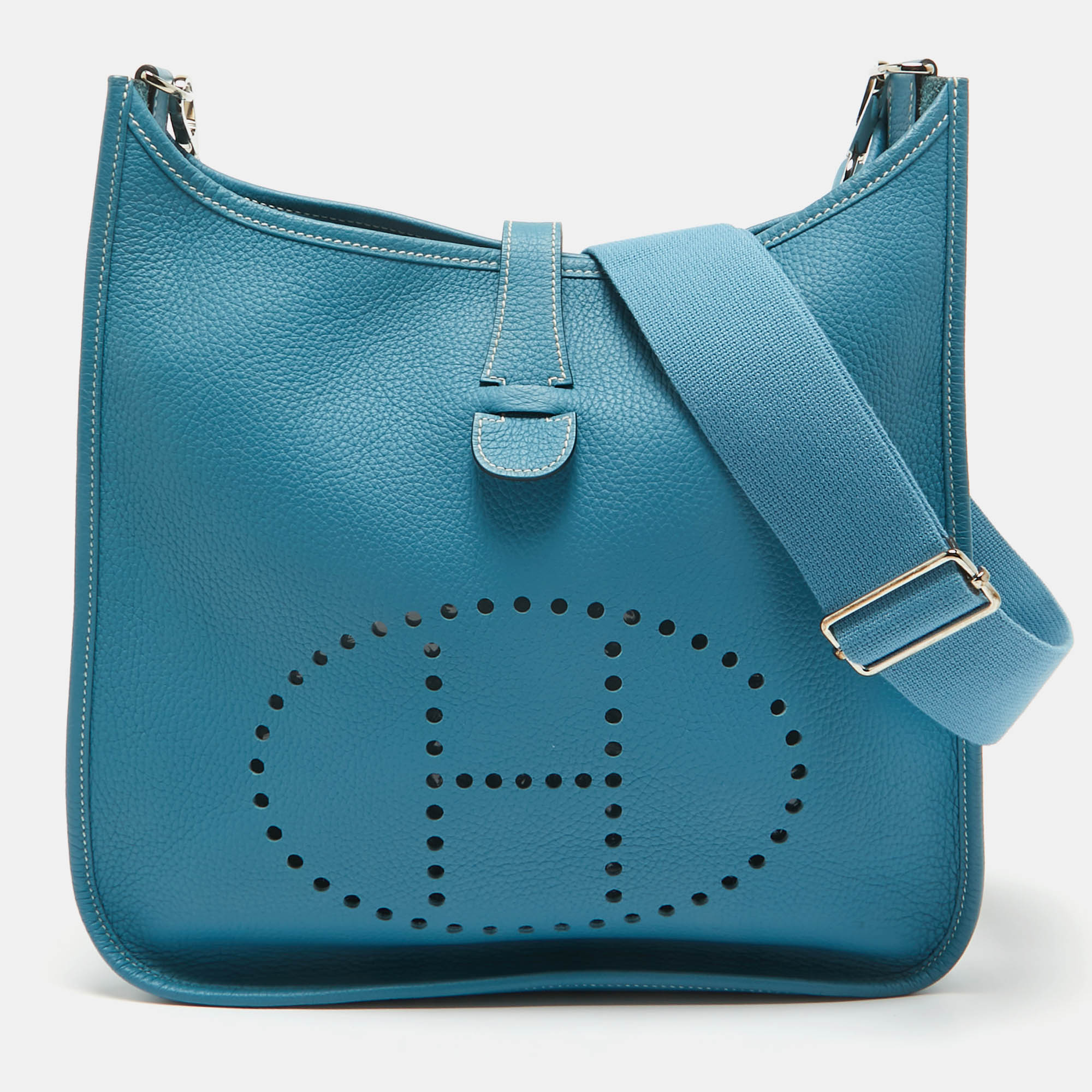 Hermes Bleu Jean Togo Leather Evelyne III GM Bag