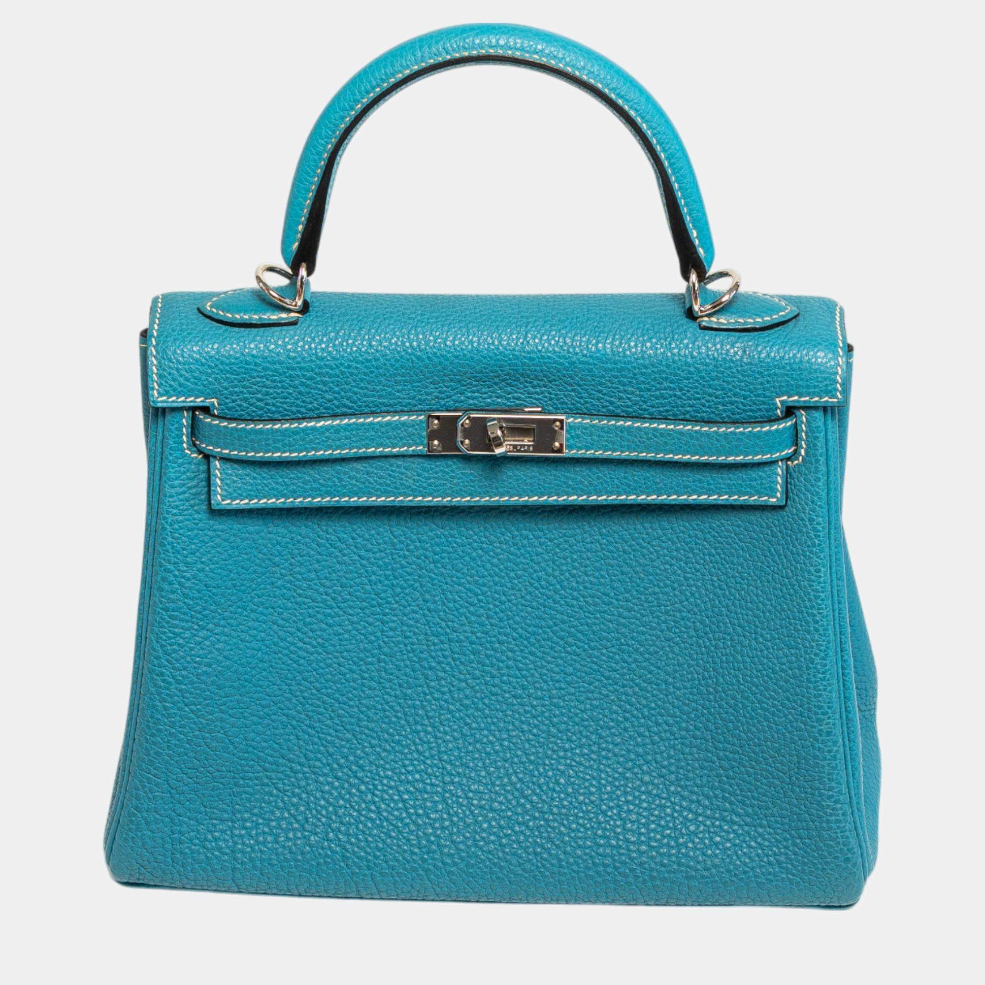 Hermes Kelly 25 bleu jean with PHW bag