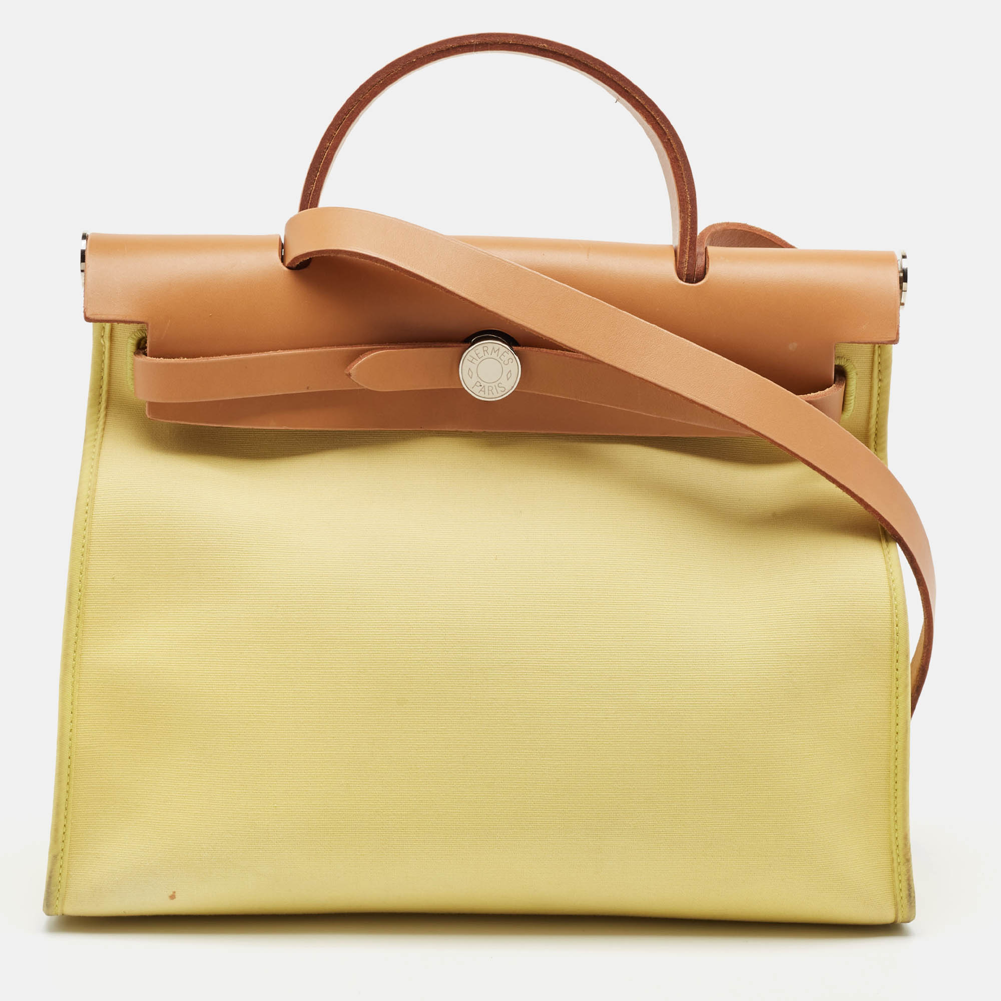 Pre Owned Hermes Lime/Natural Toile and Vache Hunter Herbag Zip 31 Bag
