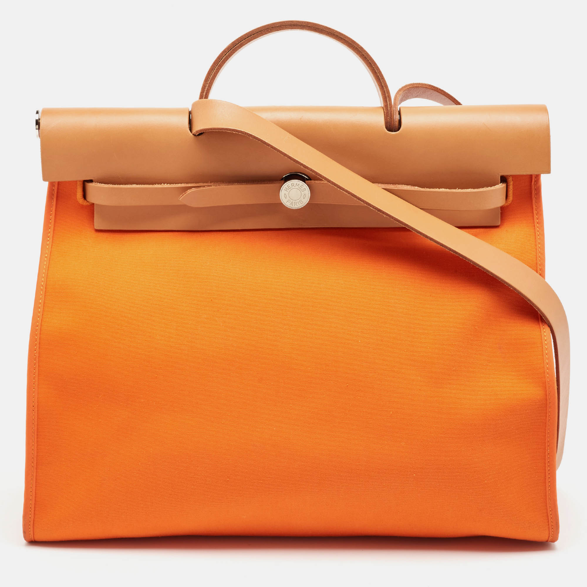Pre Owned Hermes Orange/Natural Toile and Vache Hunter Leather Herbag Zip 39 Bag