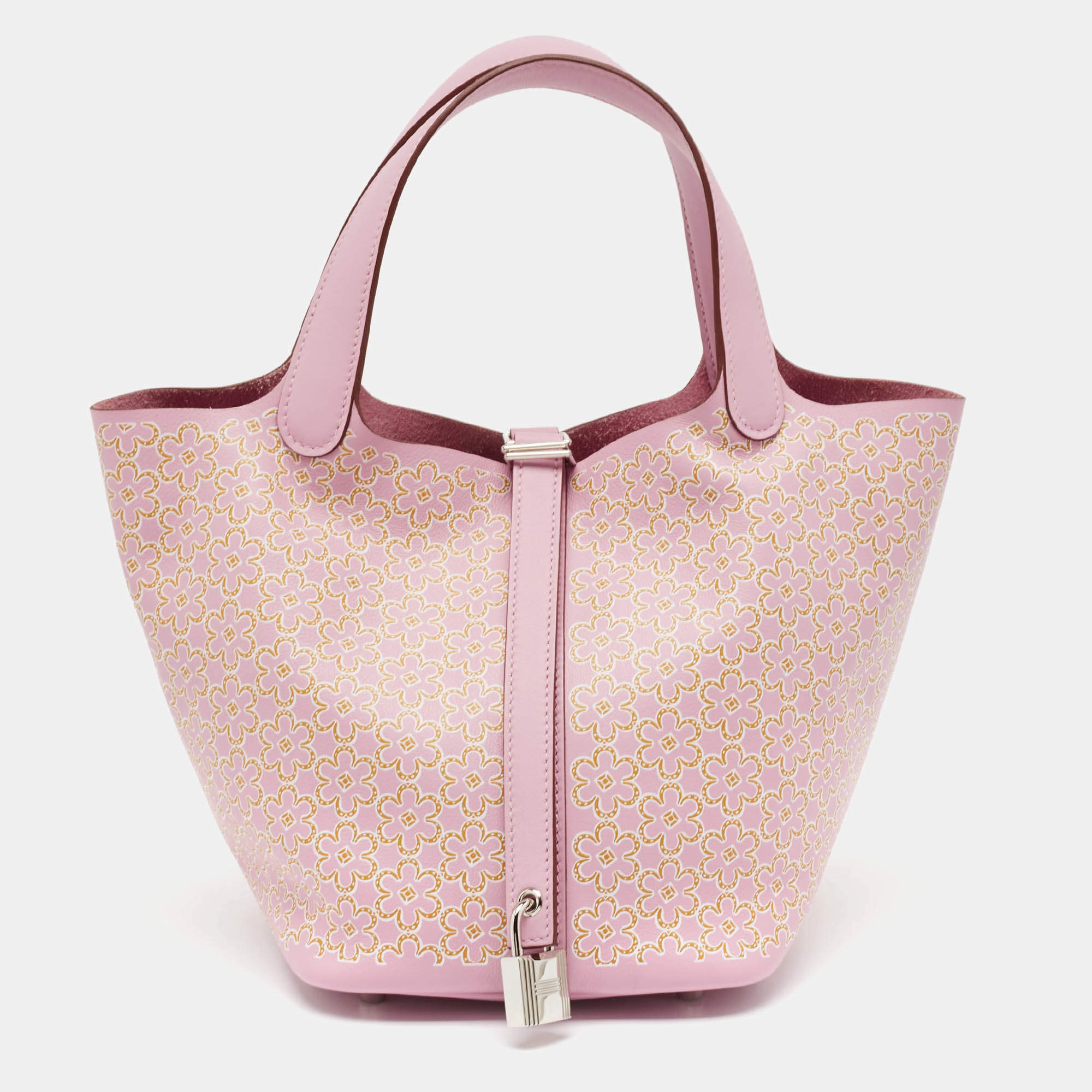 Pre Owned Hermes Rose/Chai/Blanc Swift Leather Lucky Daisy Picotin Lock 18 Bag