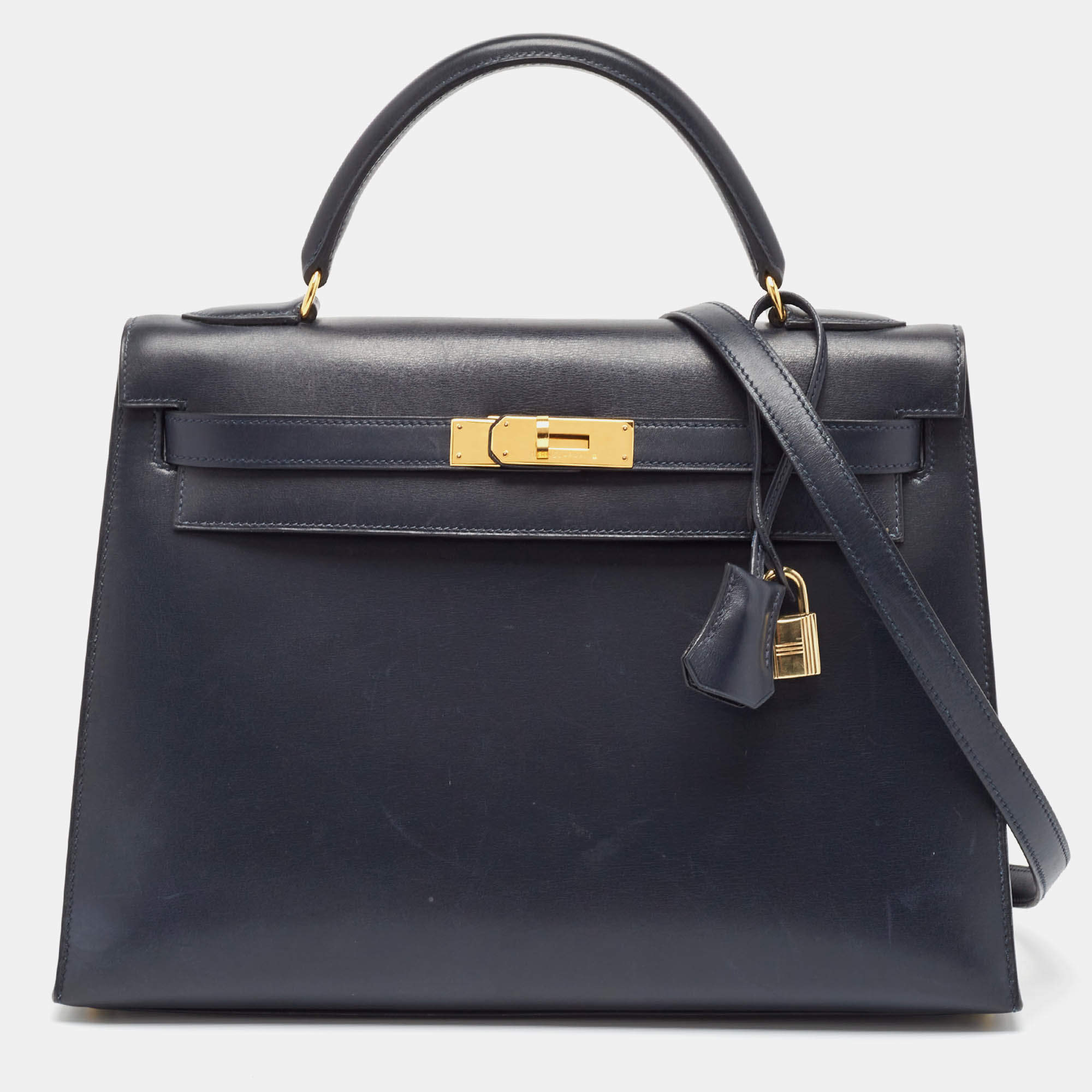 Pre Owned Hermes Bleu Marine Box Leather Gold Finish Kelly Sellier 32 Bag