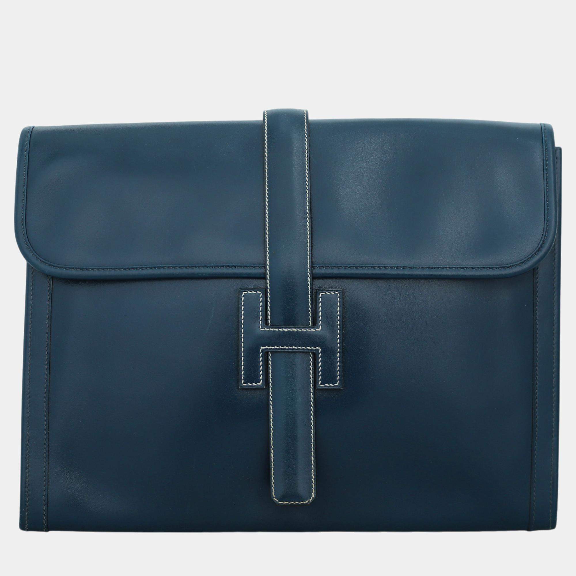  Hermes Navy Blue Leather Jige GM Clutch