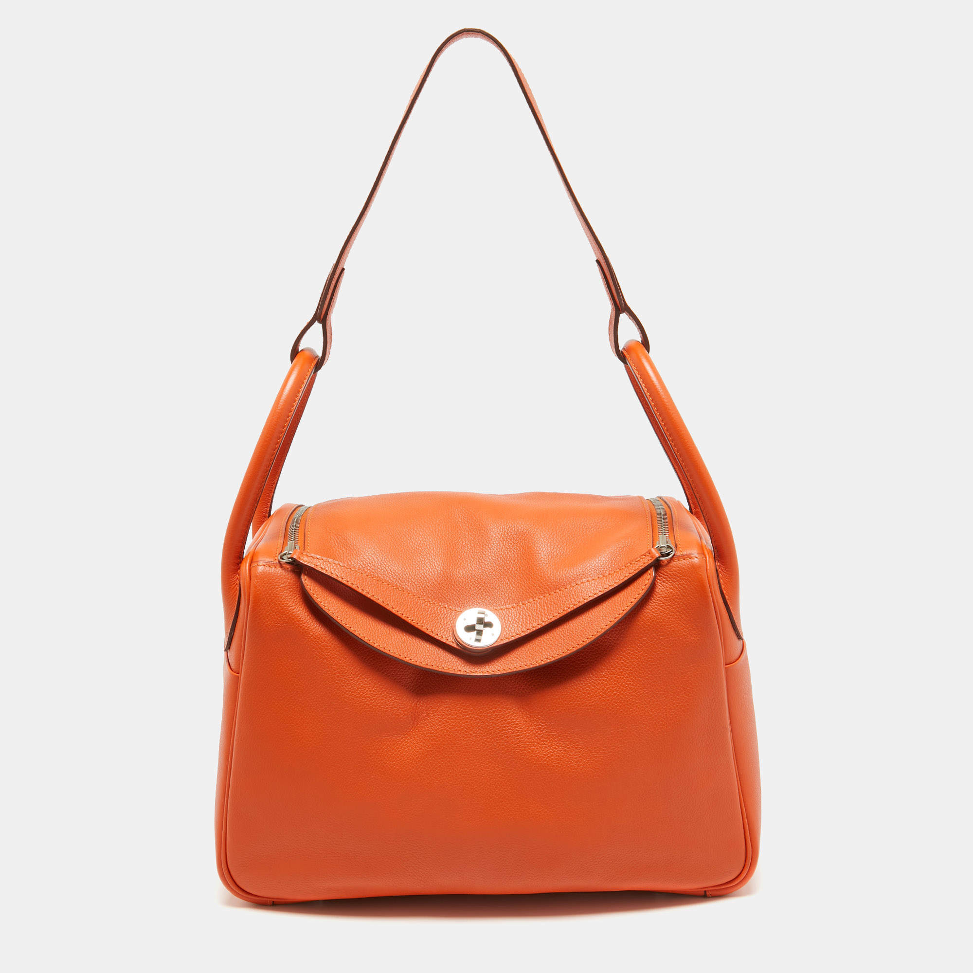 Hermes Orange Evercolor Leather Palladium Finish Lindy 30 Bag